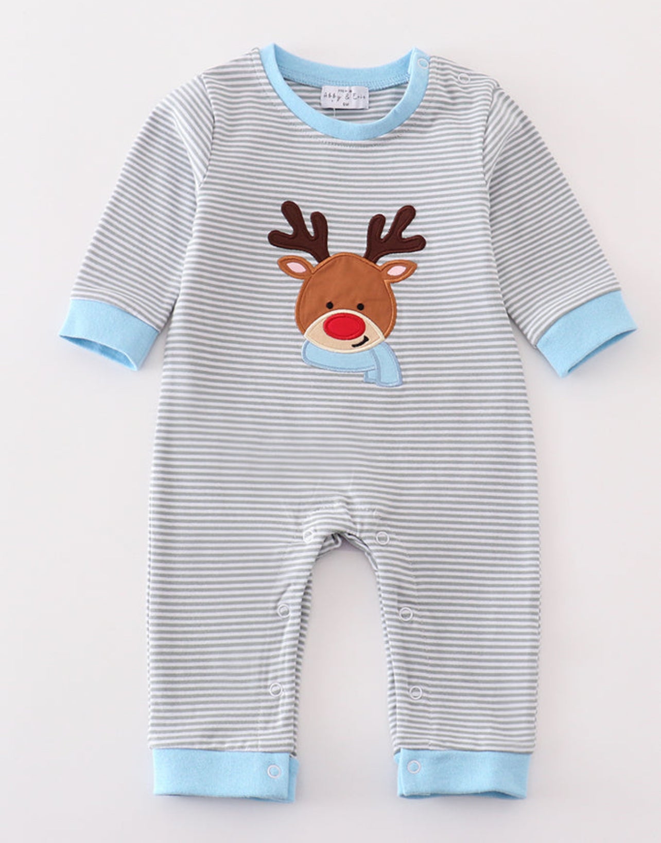 Gray Striped + Blue Reindeer Romper