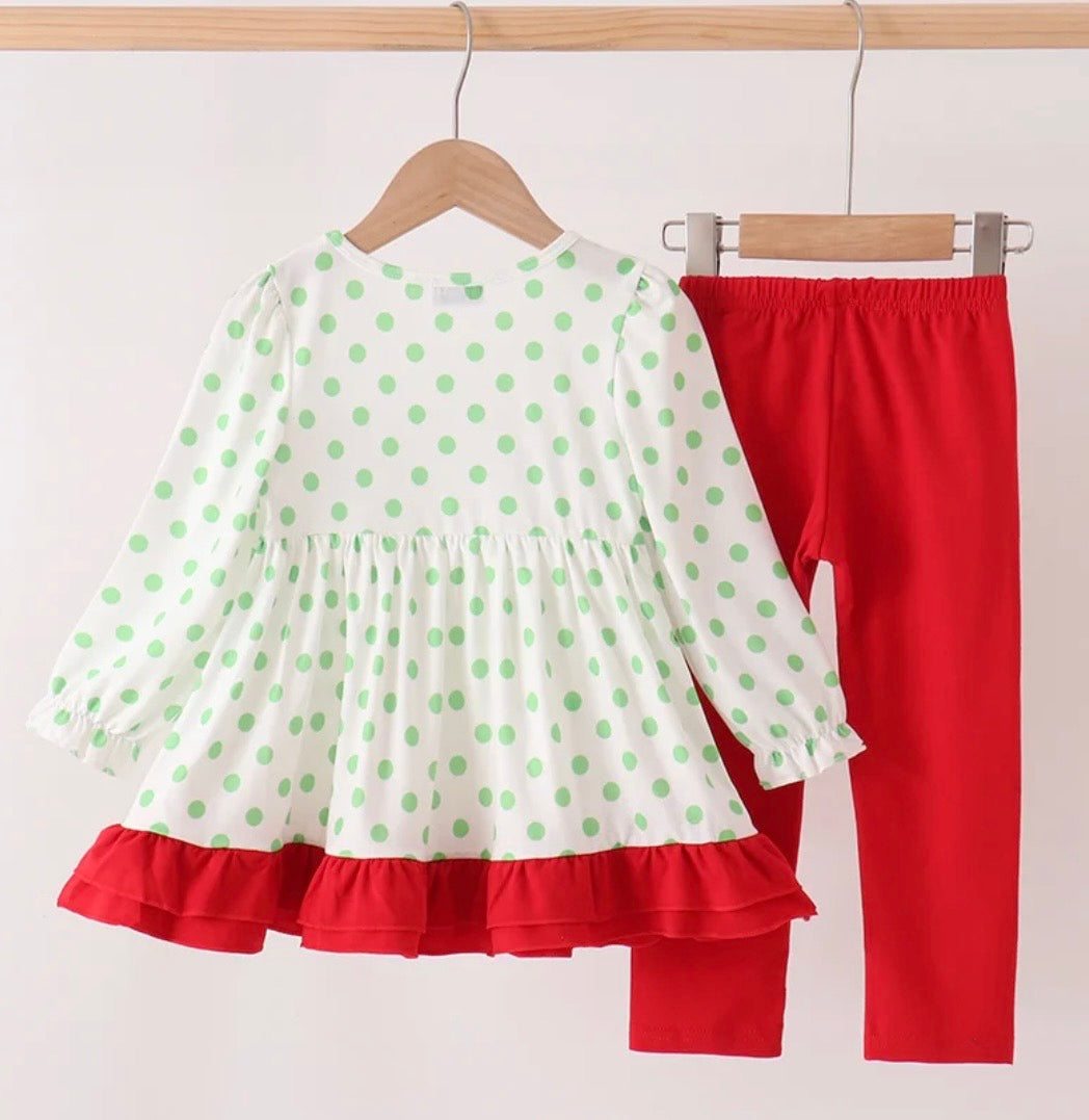 Green Guy Embroidered Dot Ruffle Pant Set