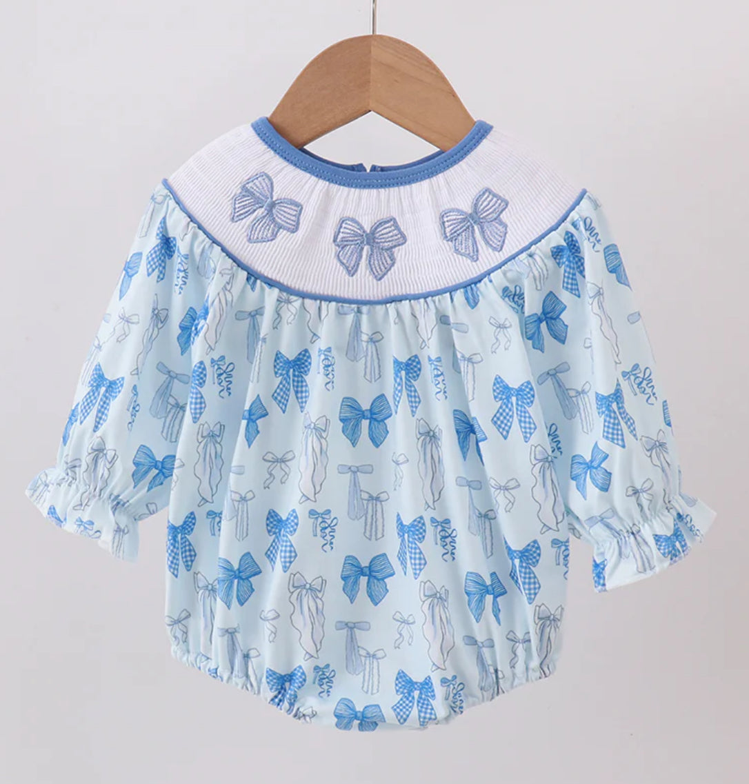 Blue Bow Smocked Bubble