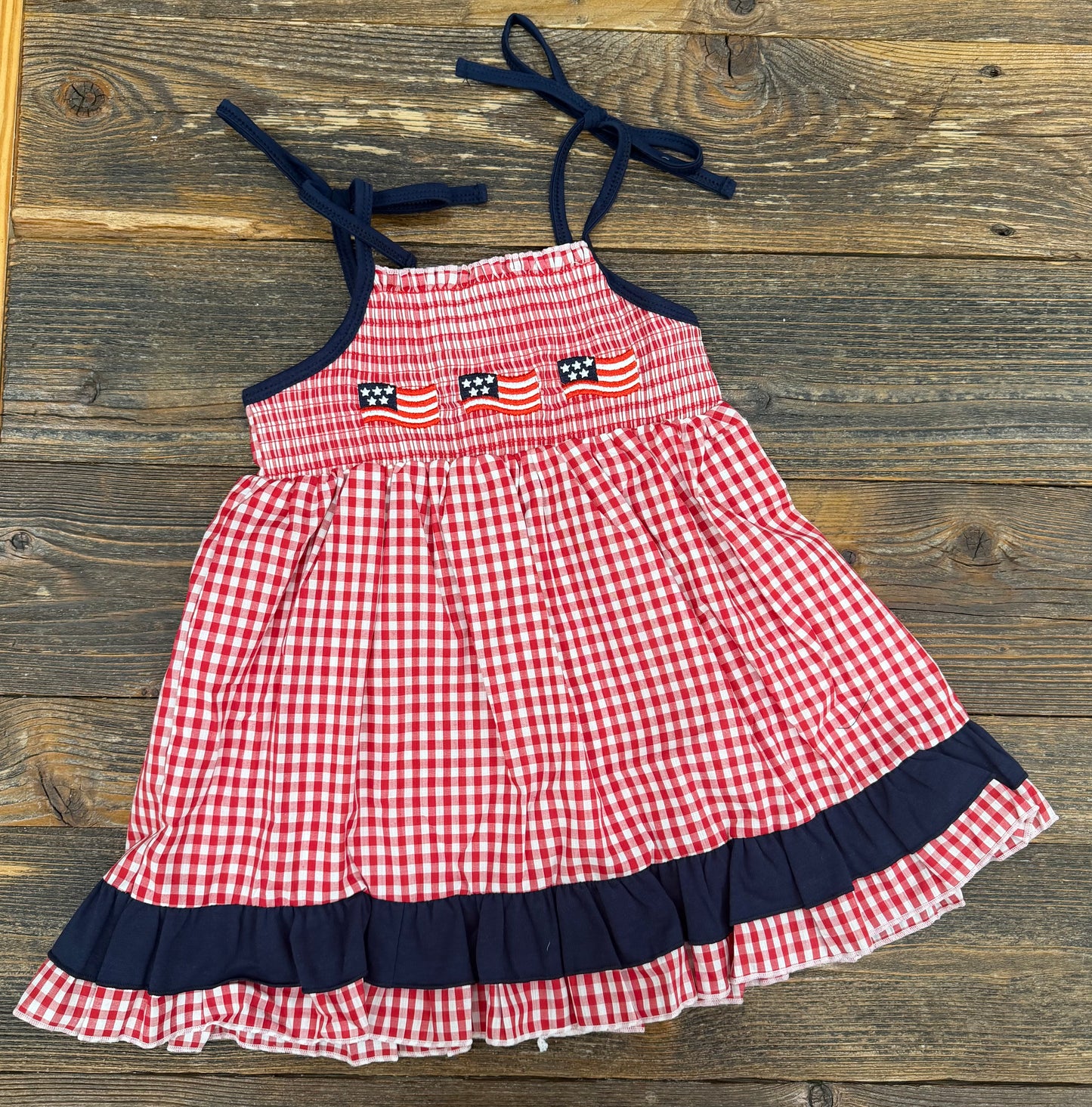 Flag Smocked Gingham Ruffle Dress