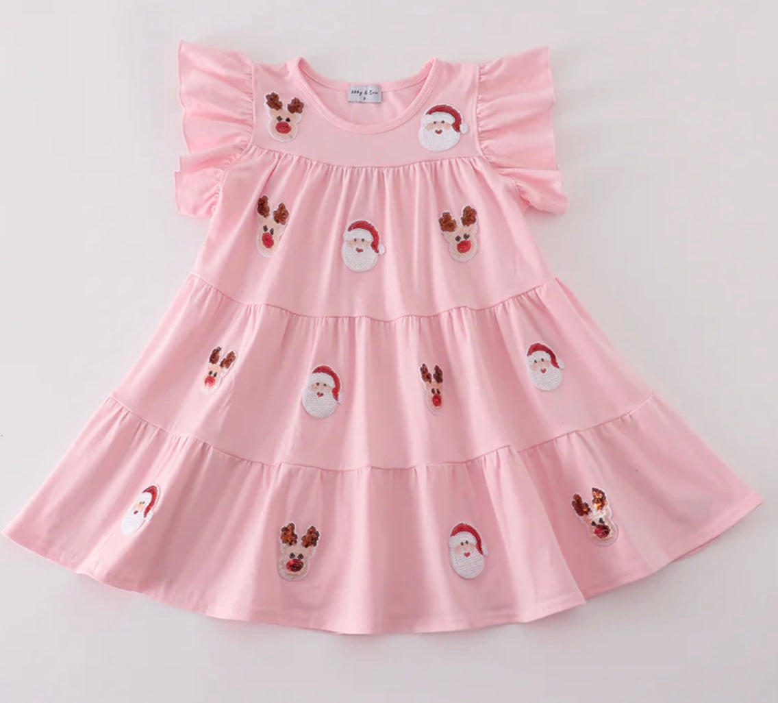 Pink Santa + Reindeer Sequin Ruffle Dress