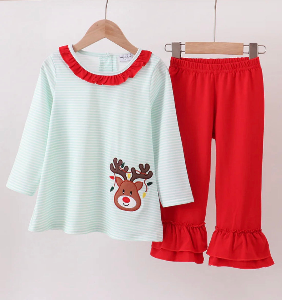 Green Striped Reindeer Ruffle Pant Set