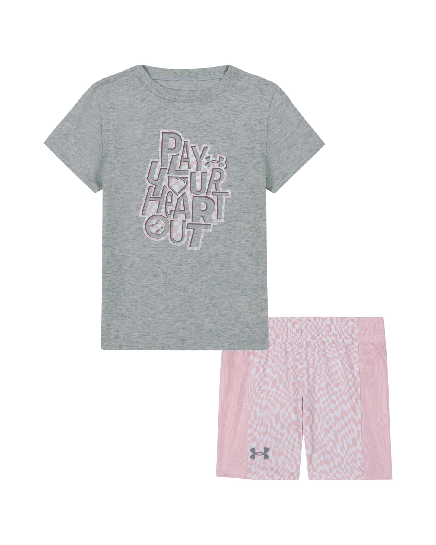 Under Armour Mod Gray Play Your Heart Out Pink Disco Short Set
