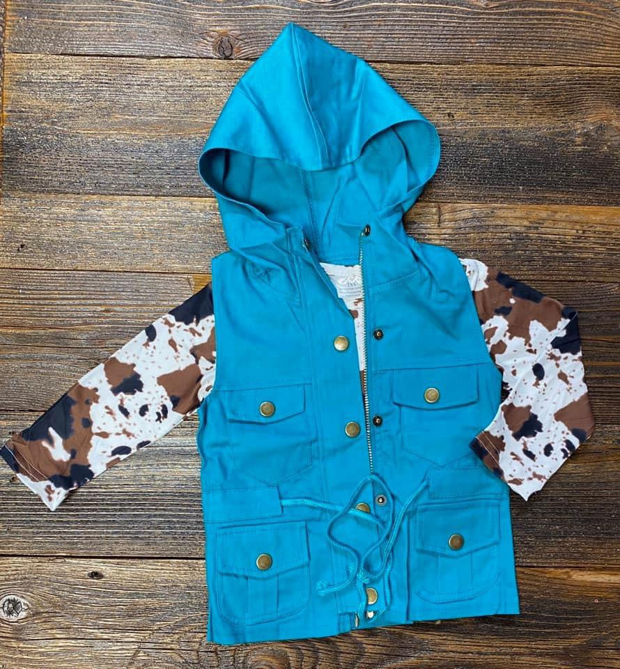 Cow Print LS + Turquoise Vest