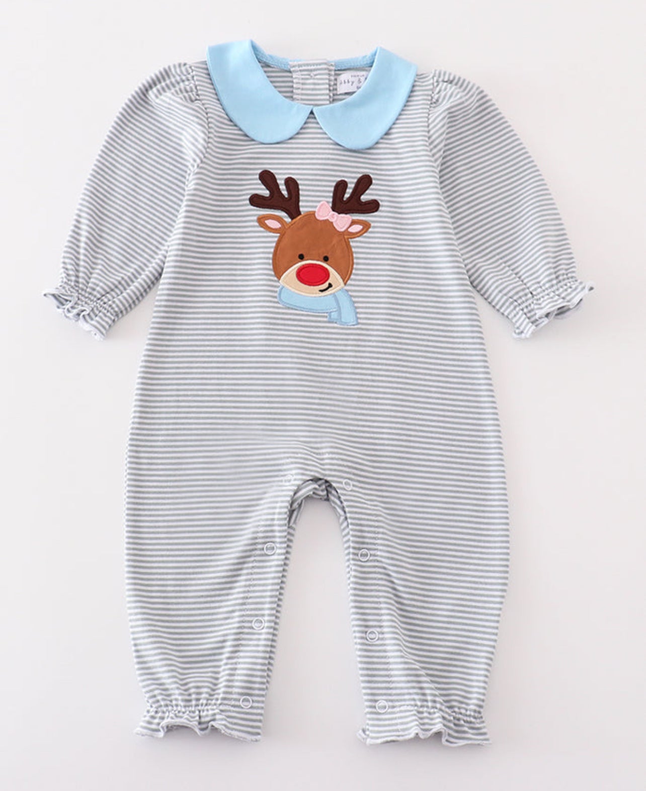 Gray Striped + Blue Reindeer Girls Romper