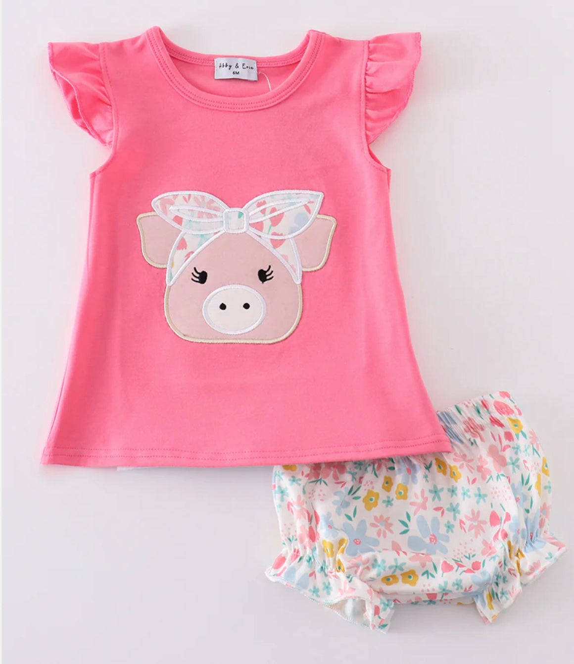 Pink Floral Pig Applique Bloomer Set