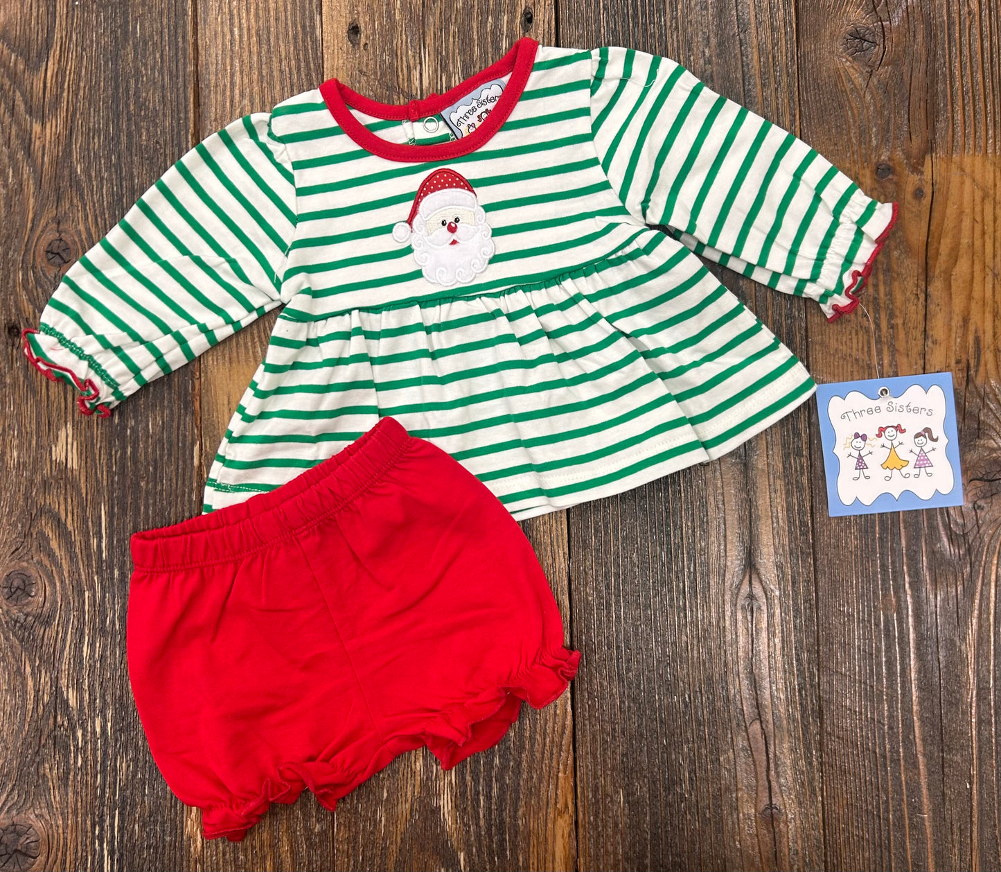 Three Sisters Green Striped Santa Applique Bloomer Set