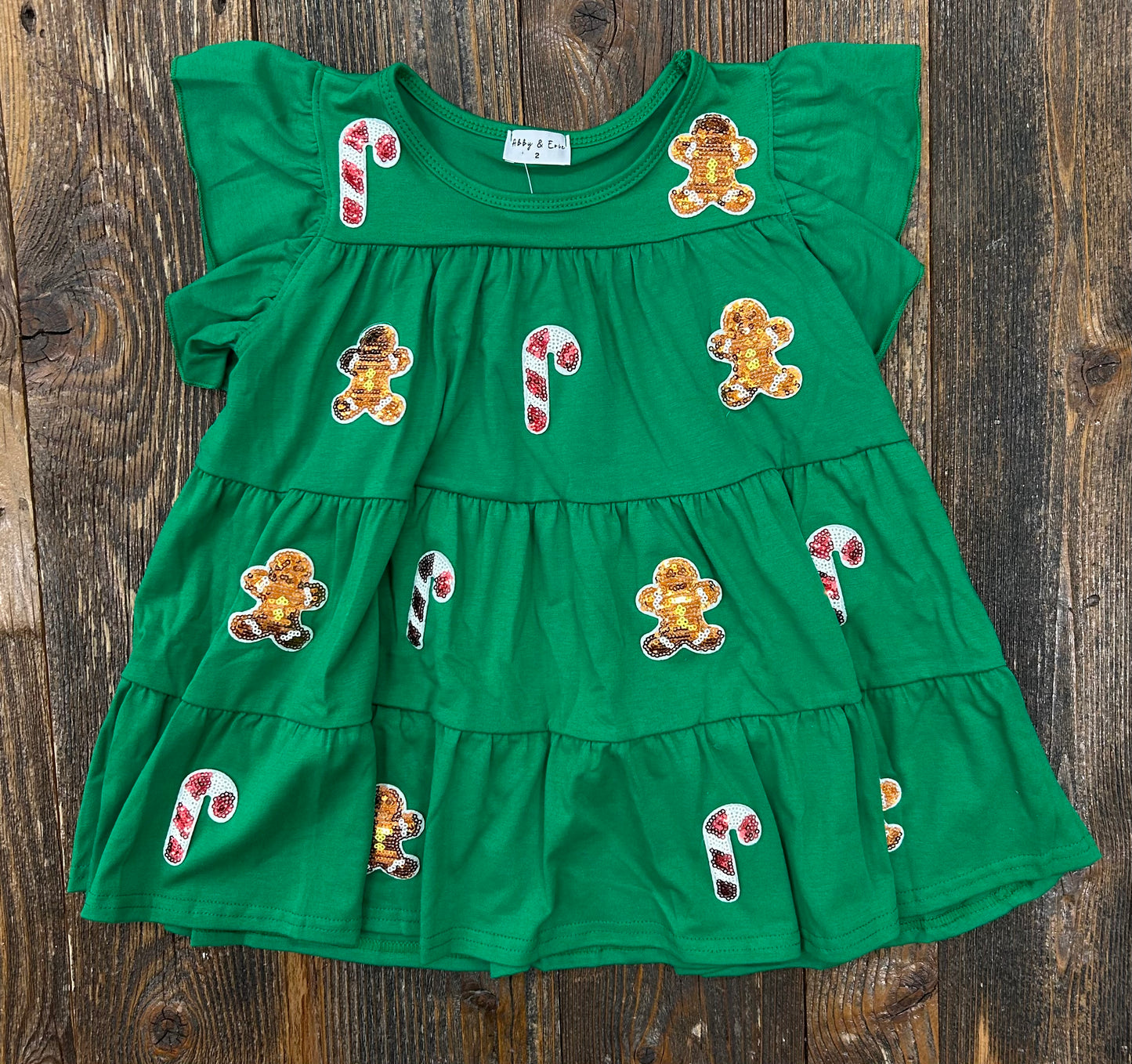 Green Candy Cane + Reindeer Ruffle Dress