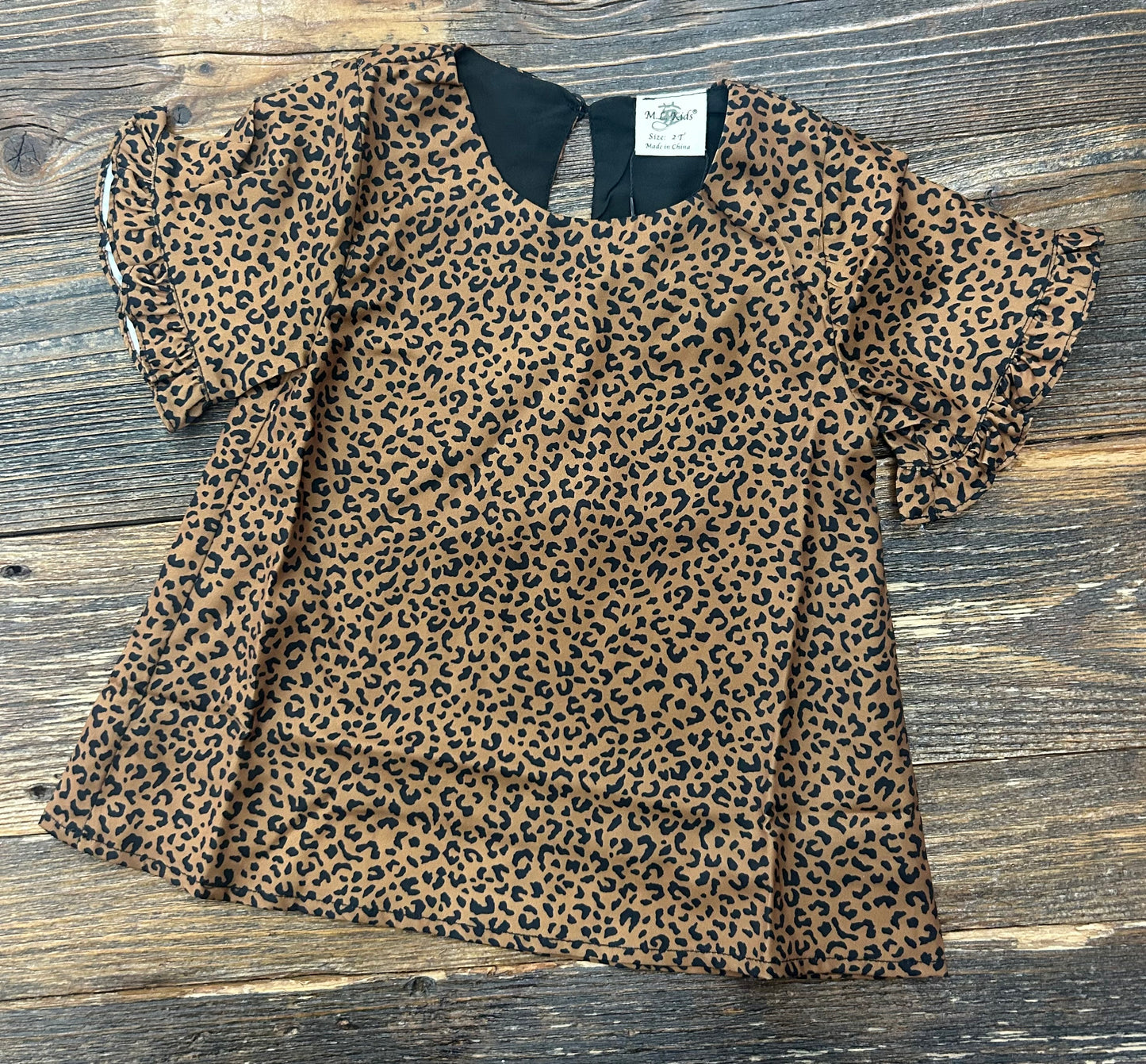 M.L.Kids Brown Leopard Ruffle Sleeve Top