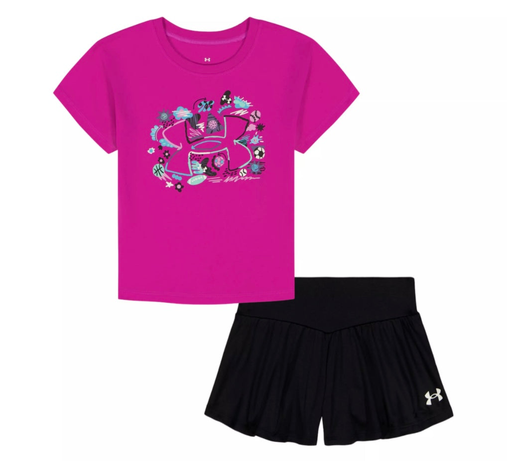 Under Armour Fluo Fuchsia Sports Logo Tee & Black Short Set