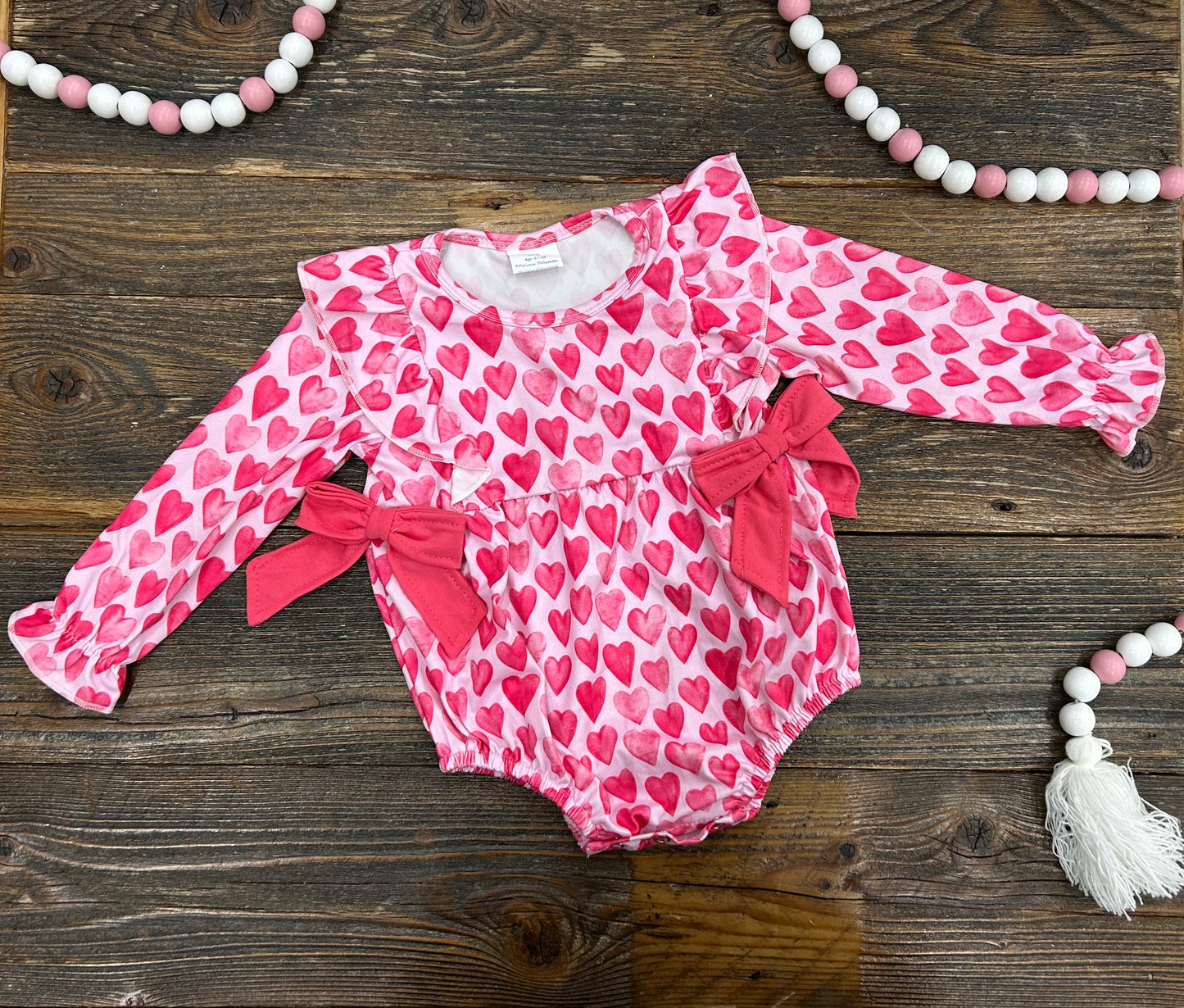 Pink & Red Heart Bow Long Sleeve Bubble Romper