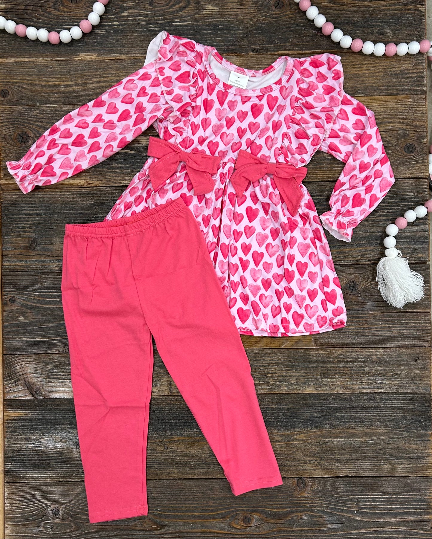 Pink & Red Heart Bow Long Sleeve Legging Set