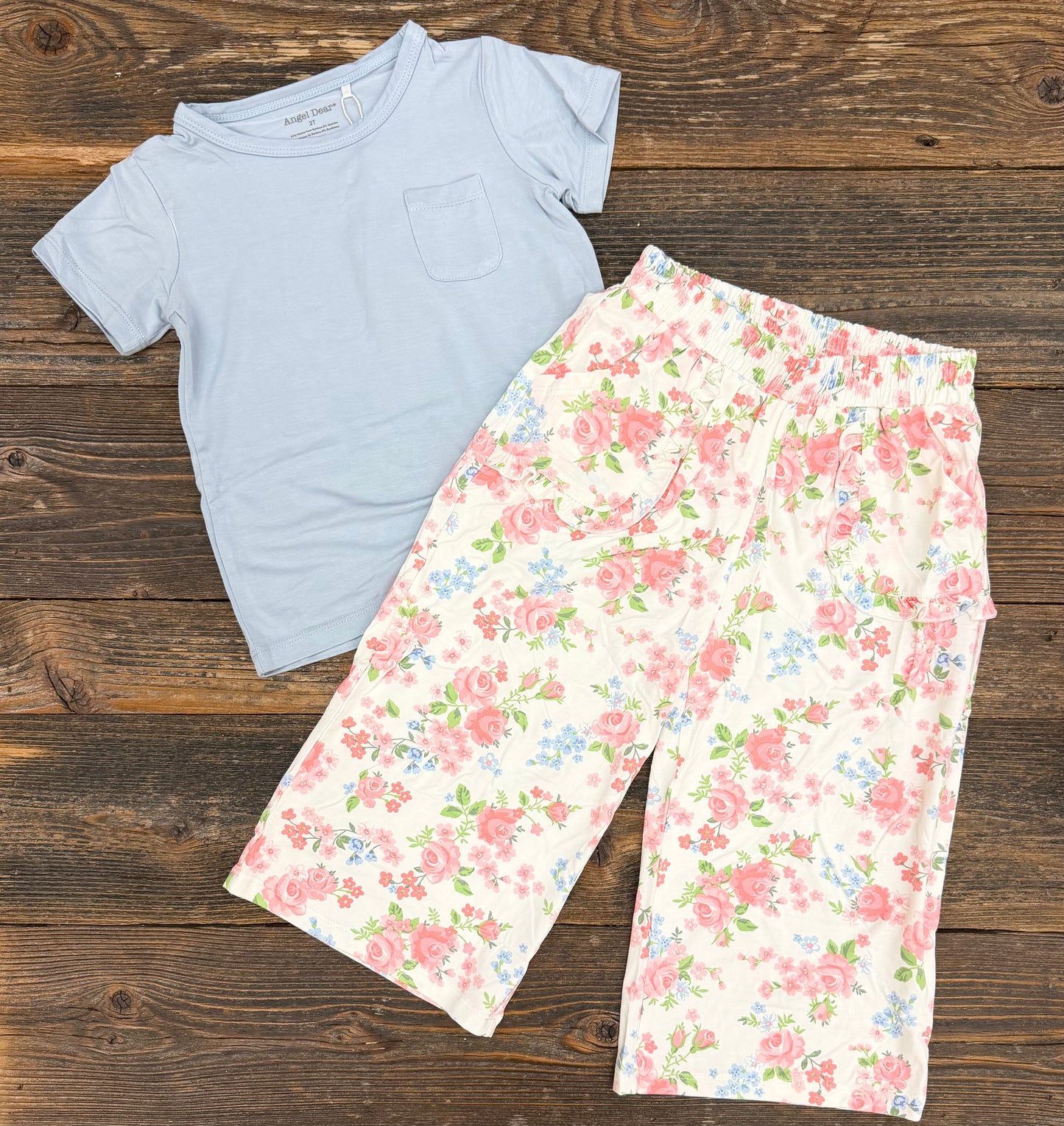 Angel Dear Cute Little Roses Short Sleeve Shirt with Wide Leg Pant