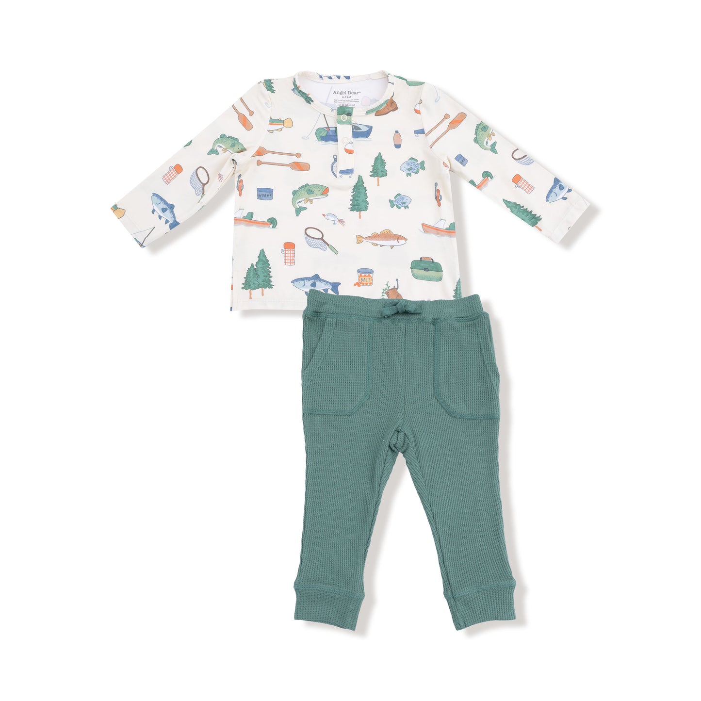 Angel Dear Fishing Things Henley Top & Green Waffle Jogger Set
