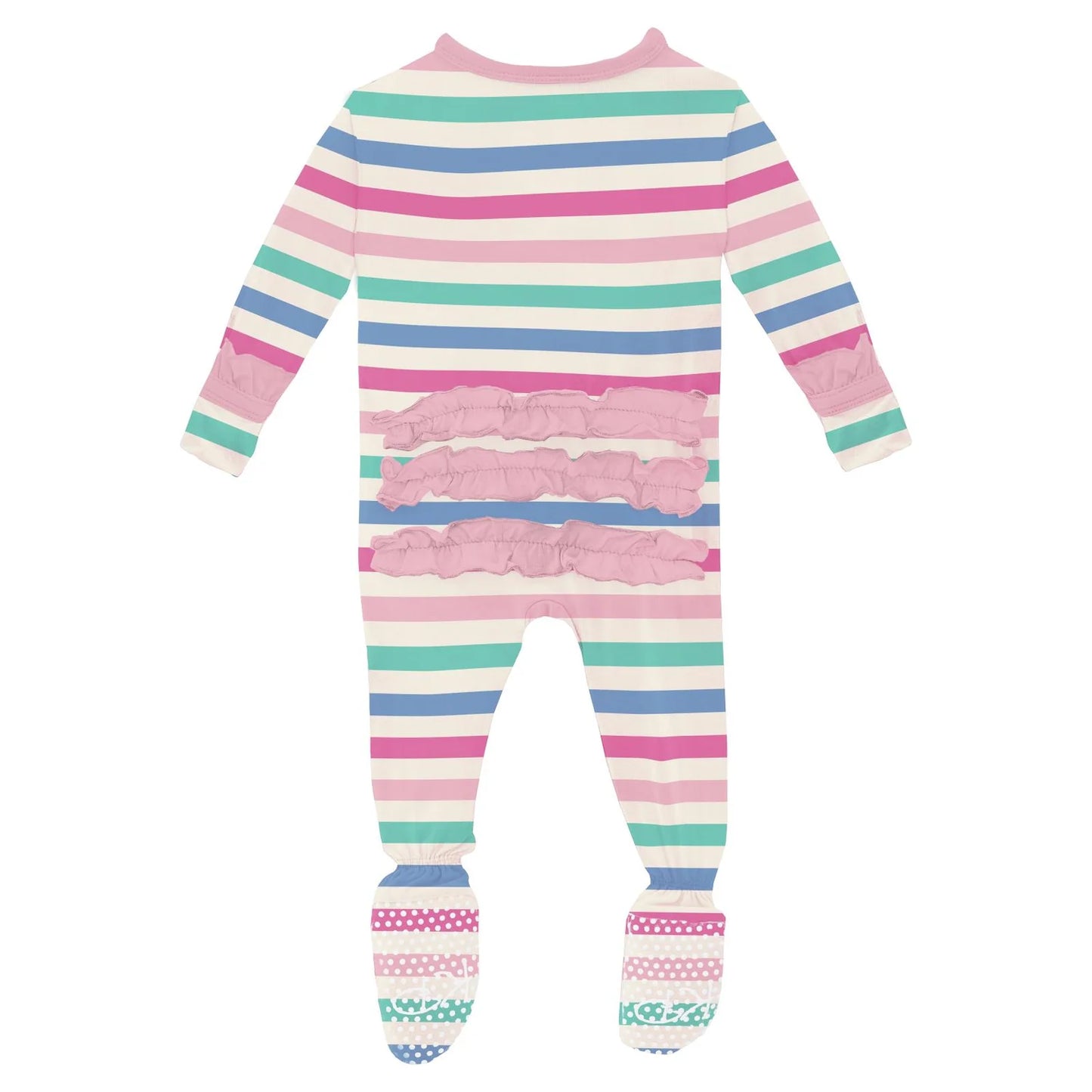 Kickee Skip To My Lou Stripe Ruffle Footie With 2 Way Zipper
