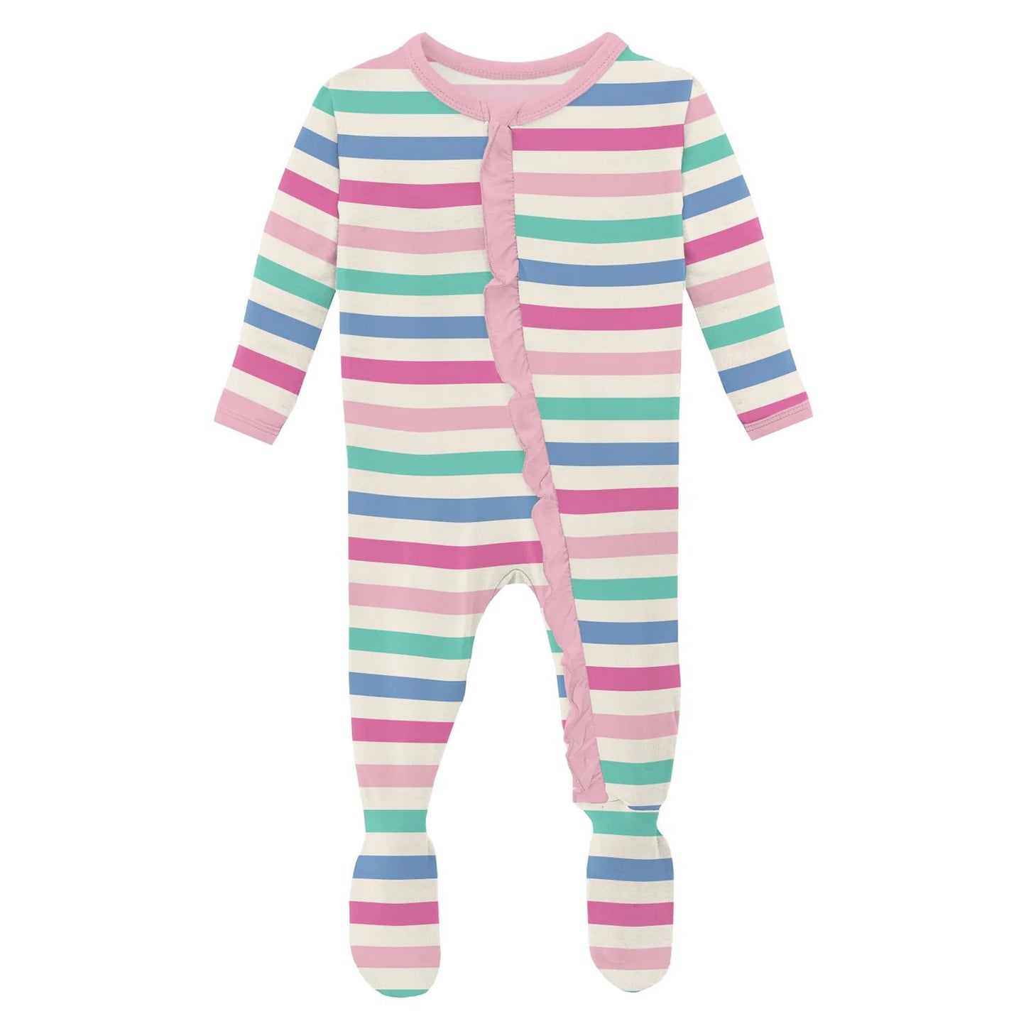 Kickee Skip To My Lou Stripe Ruffle Footie With 2 Way Zipper