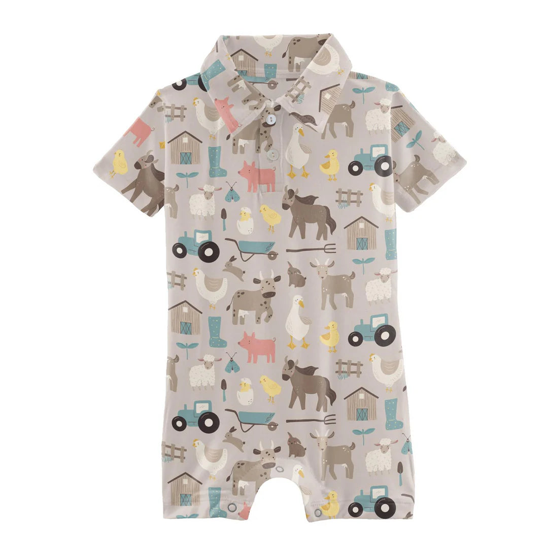 Kickee Pants Latte Morning on the Farm Short Sleeve Polo Romper