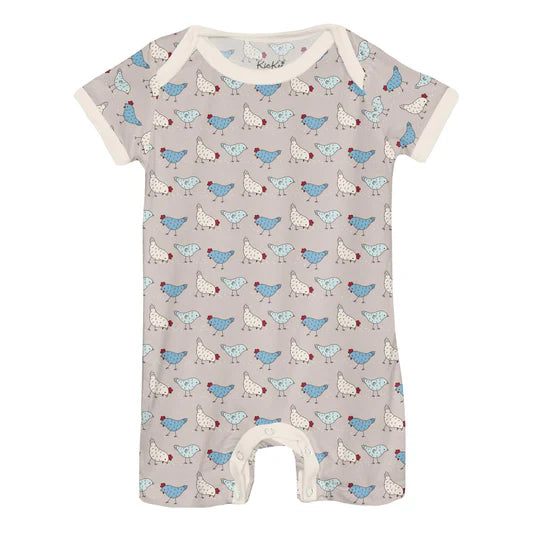 Kickee Pants Latte Chickens Short Sleeve Beau Romper