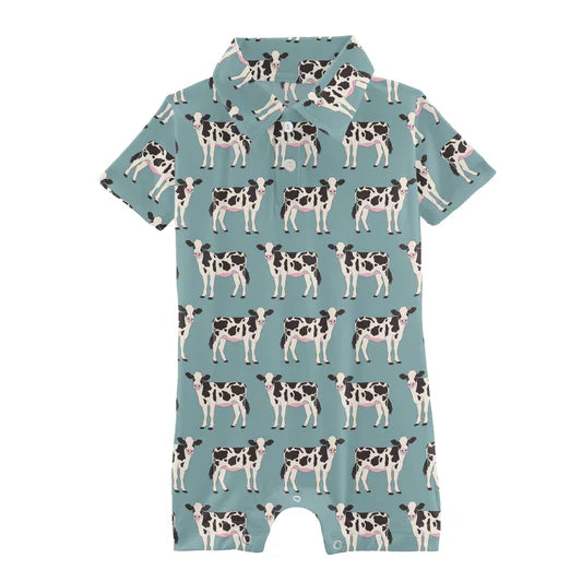 Kickee Pants Jade Cows Short Sleeve Polo Romper
