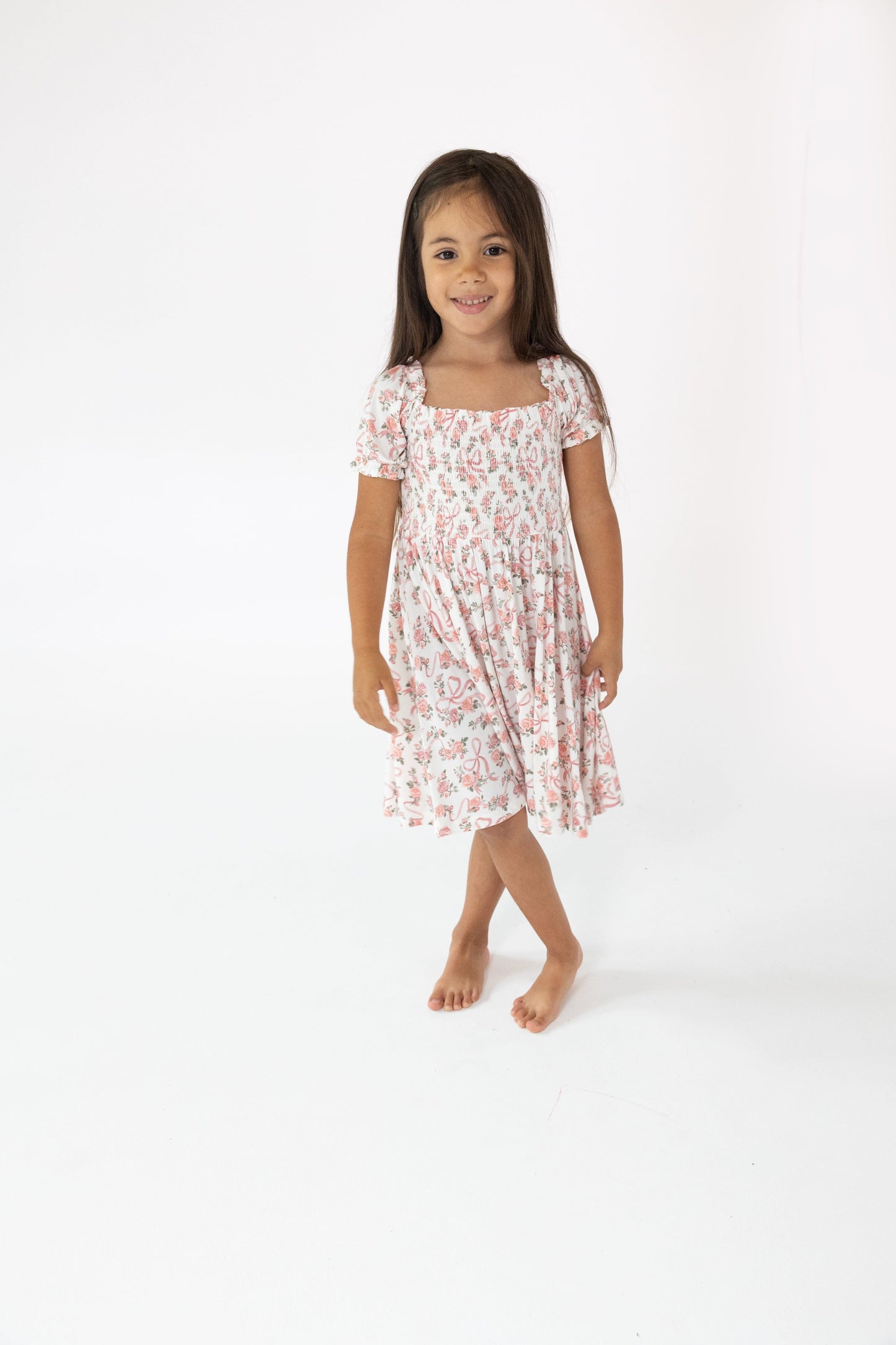Angel Dear Ribbon & Flowers Puff Sleeve Smocked Dress