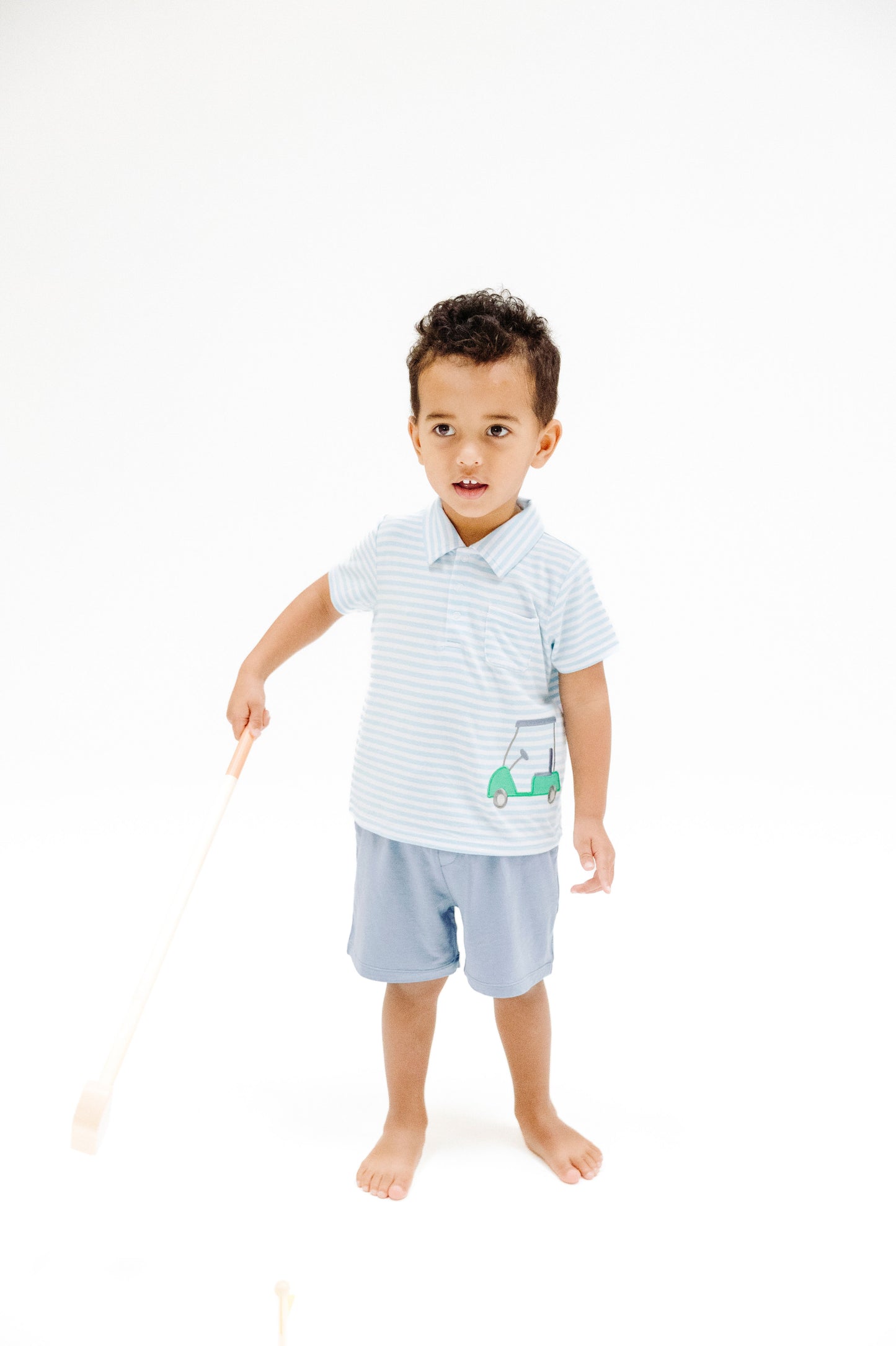 Angel Dear Golf Blue Stripe Polo Shirt with Appliqué & Bamboo Short Set