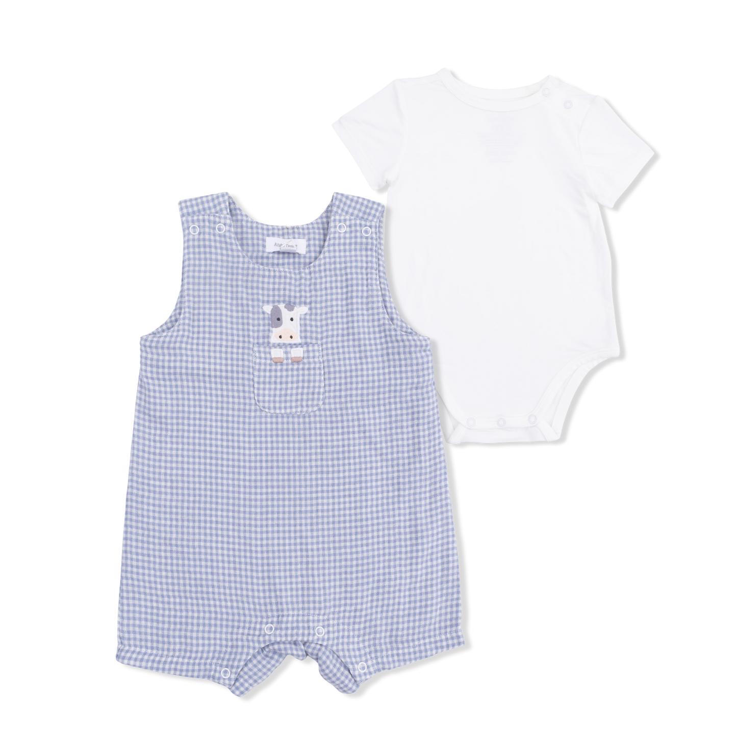 Angel Dear Cute Farm Animals Appliqué Gingham Jon Jon with Short Sleeve Bodysuit