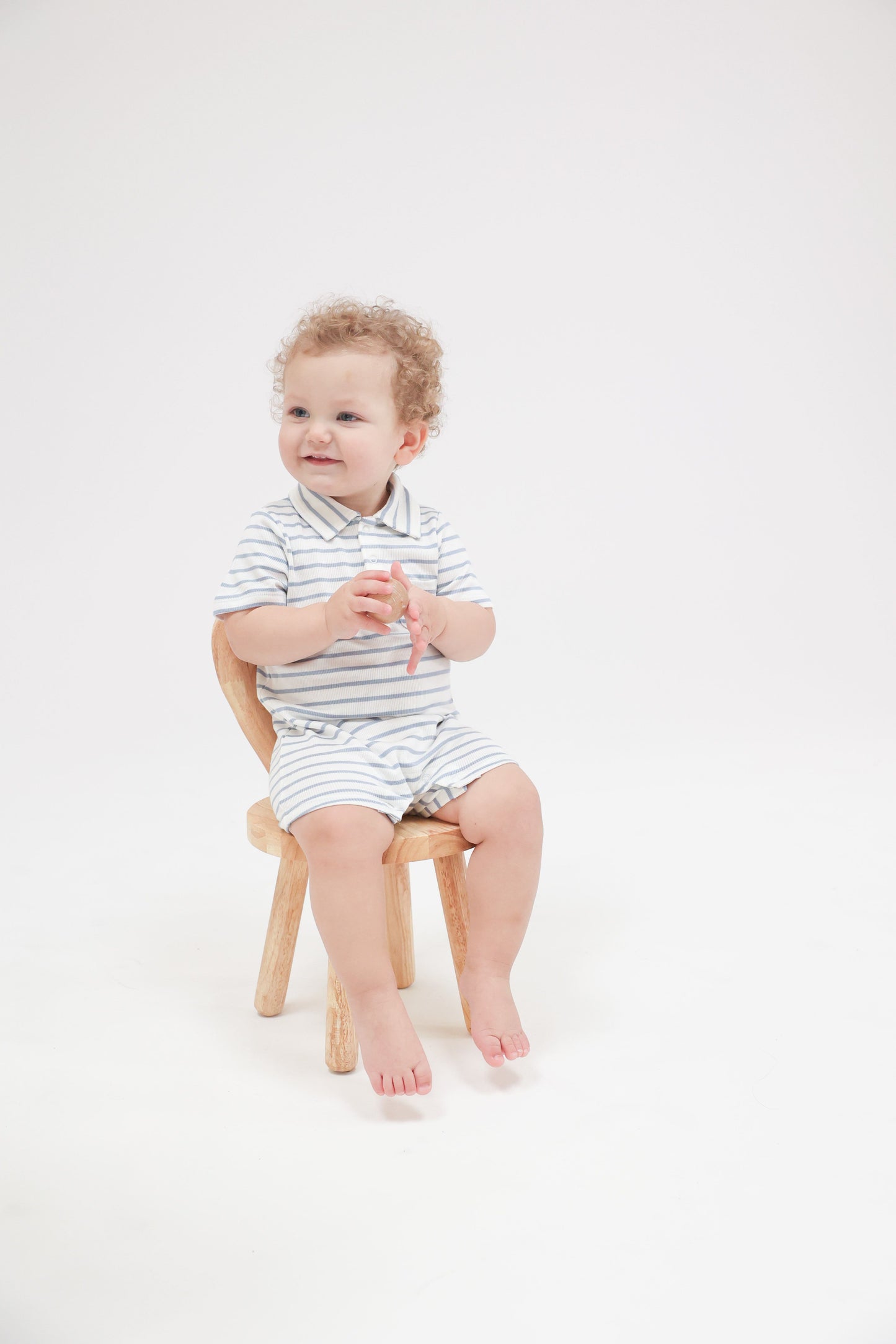Angel Dear French Stripe Dusty Blue Rib Polo Shortie Romper