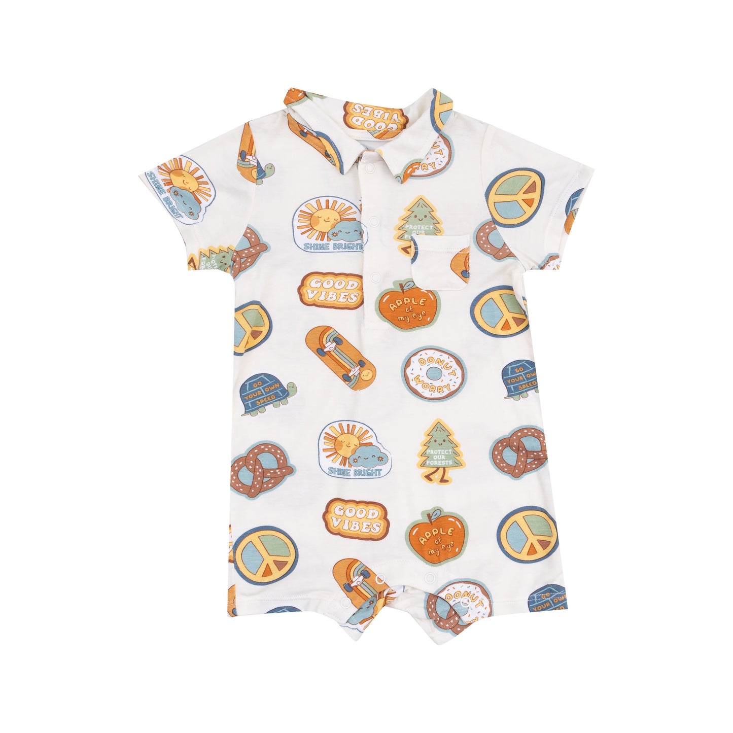 Angel Dear Groovy Vibes Stickers Blue Polo Shortie Romper