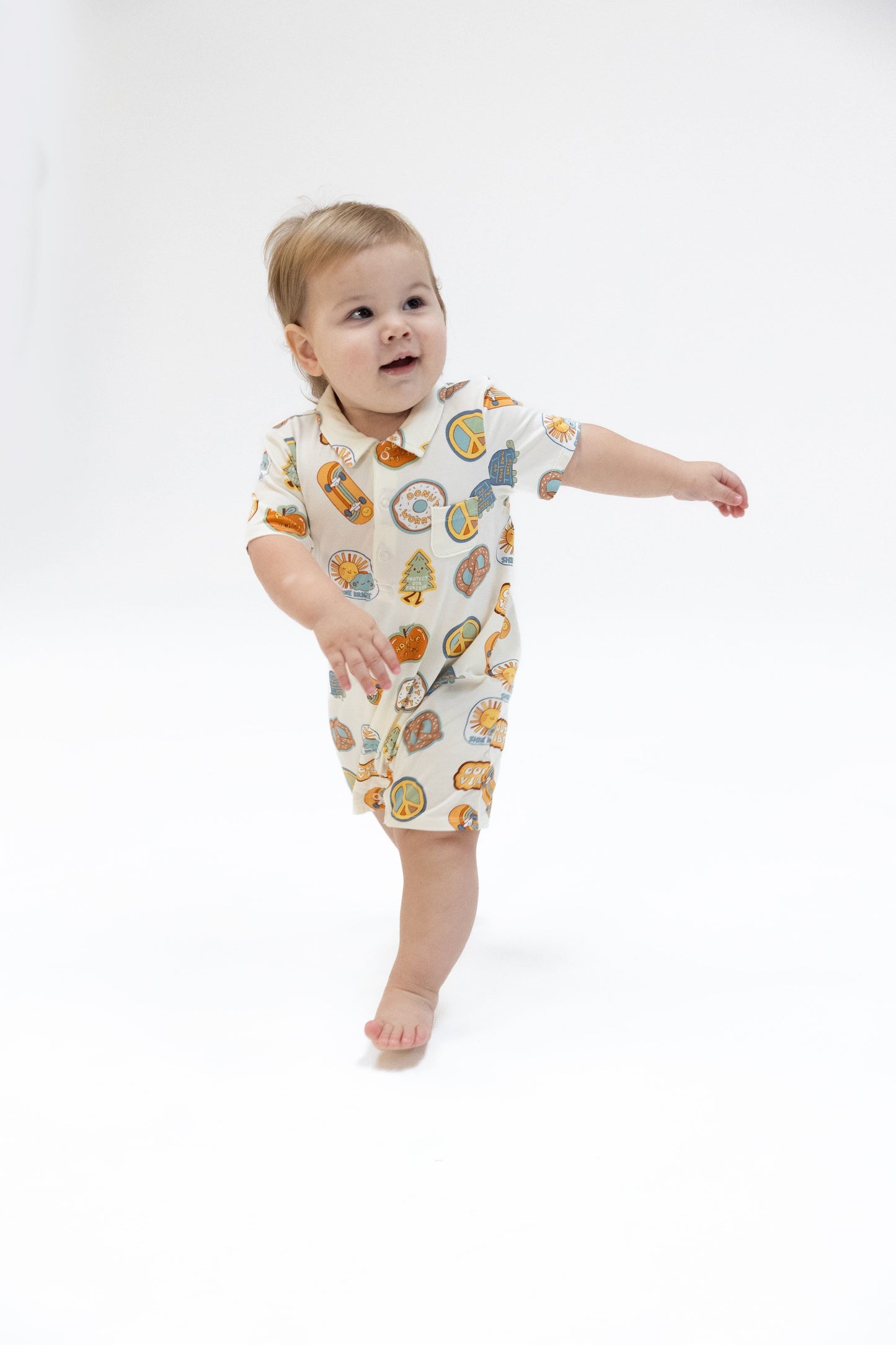 Angel Dear Groovy Vibes Stickers Blue Polo Shortie Romper