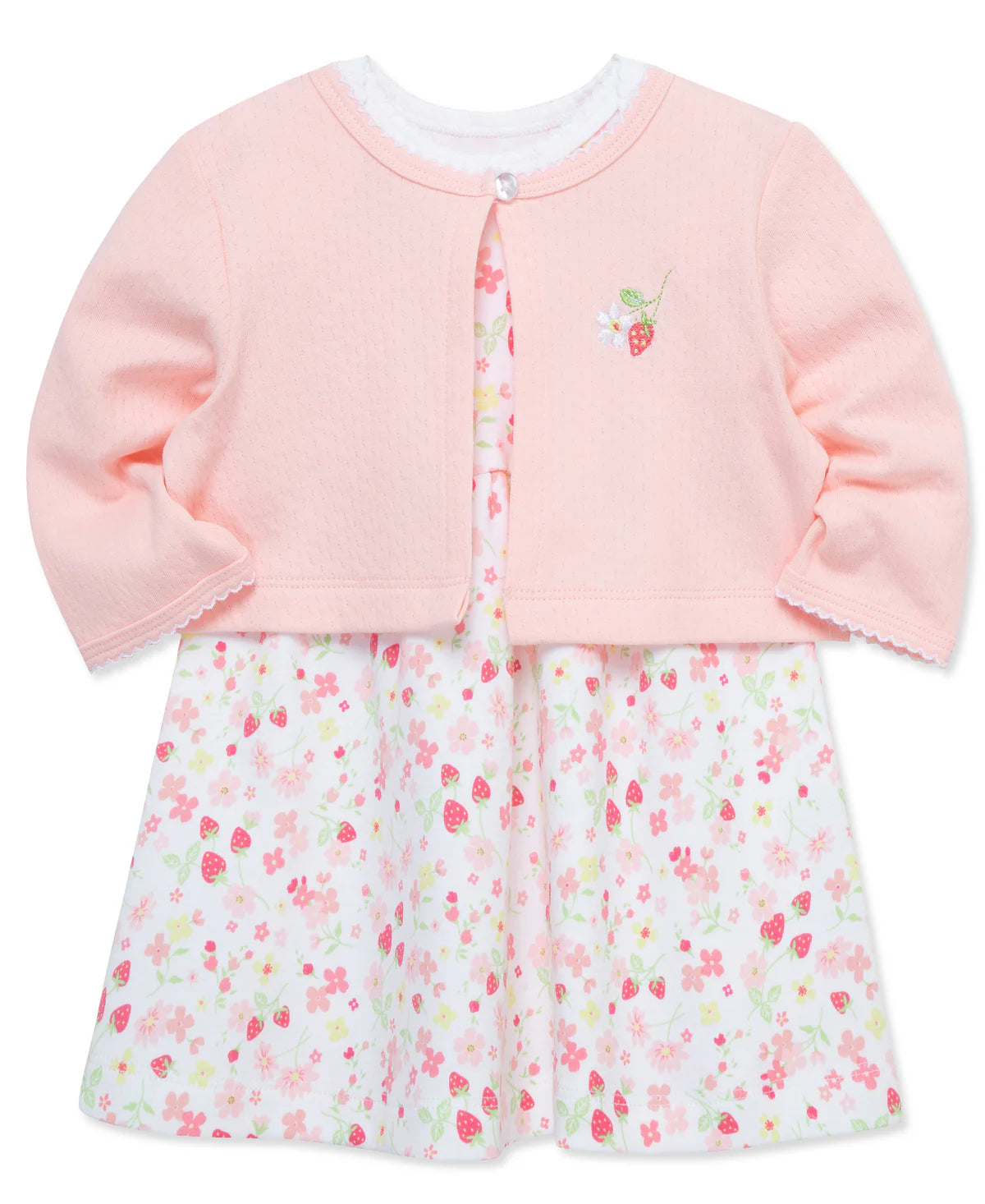 Little Me Pink Strawberry & Floral Knit Cardigan & Dress Set