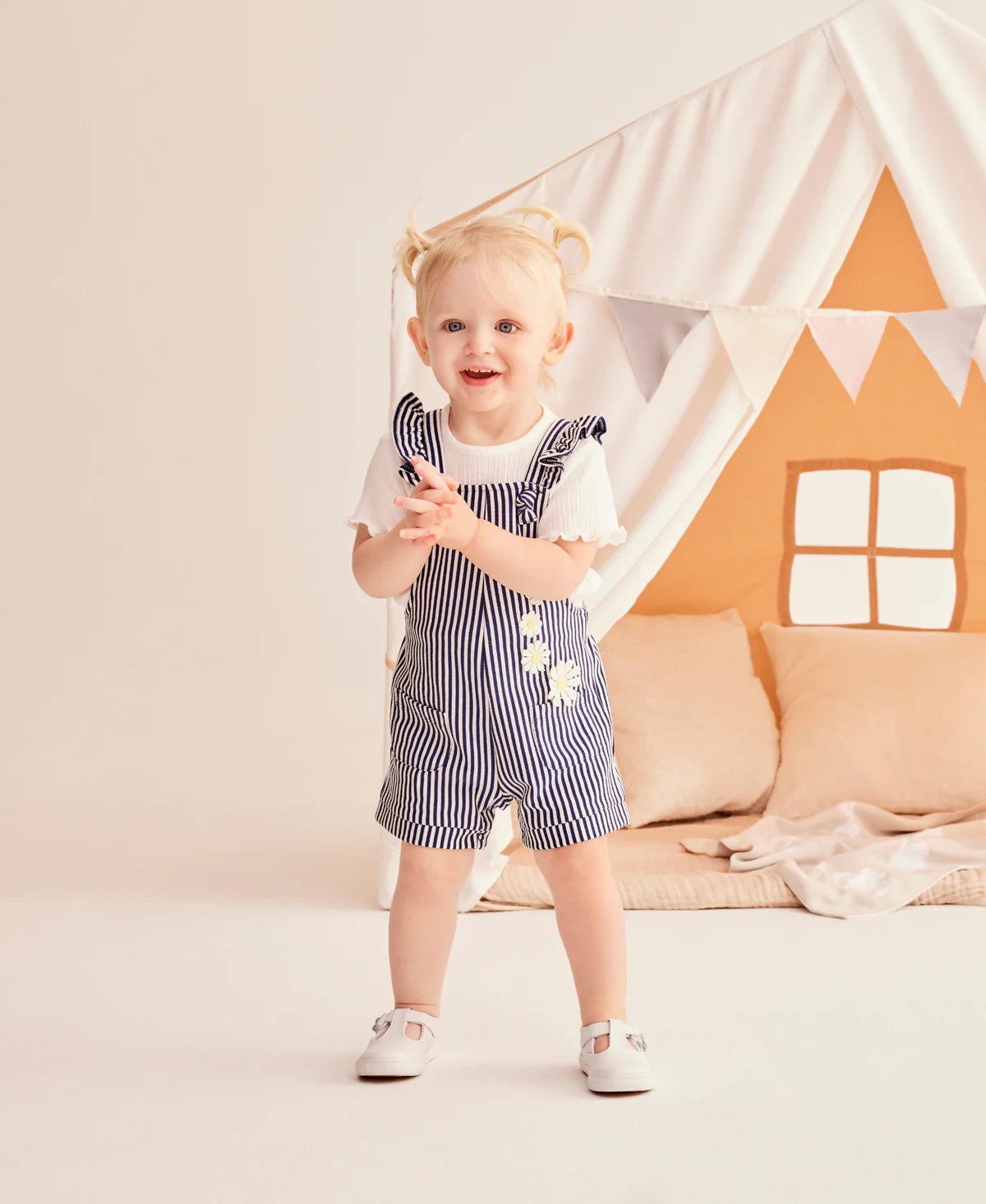 Little Me Pink Blue Daisy Knit Shortall Set