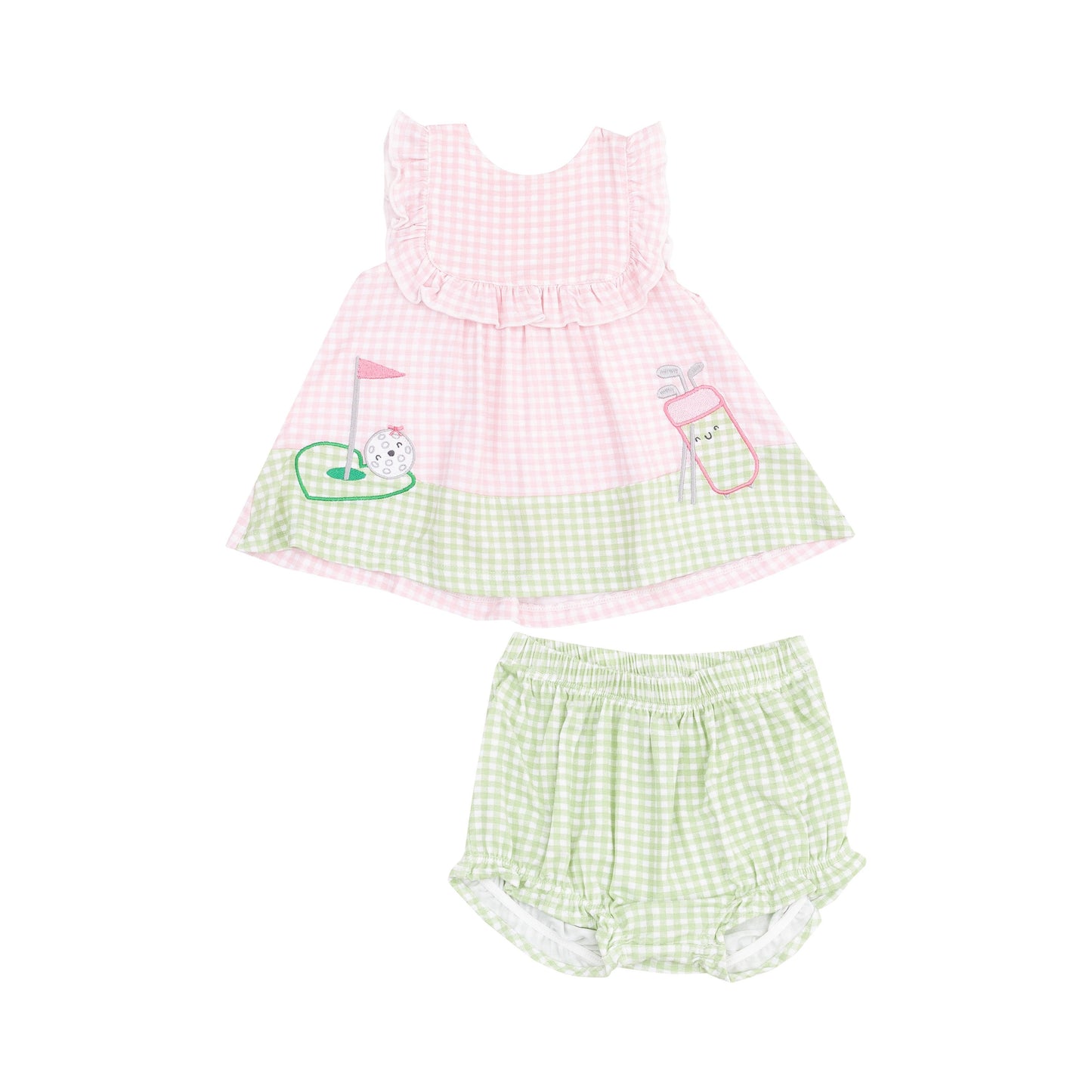Angel Dear Gingham Golf Appliqué Ruffle Top with Bloomer Set
