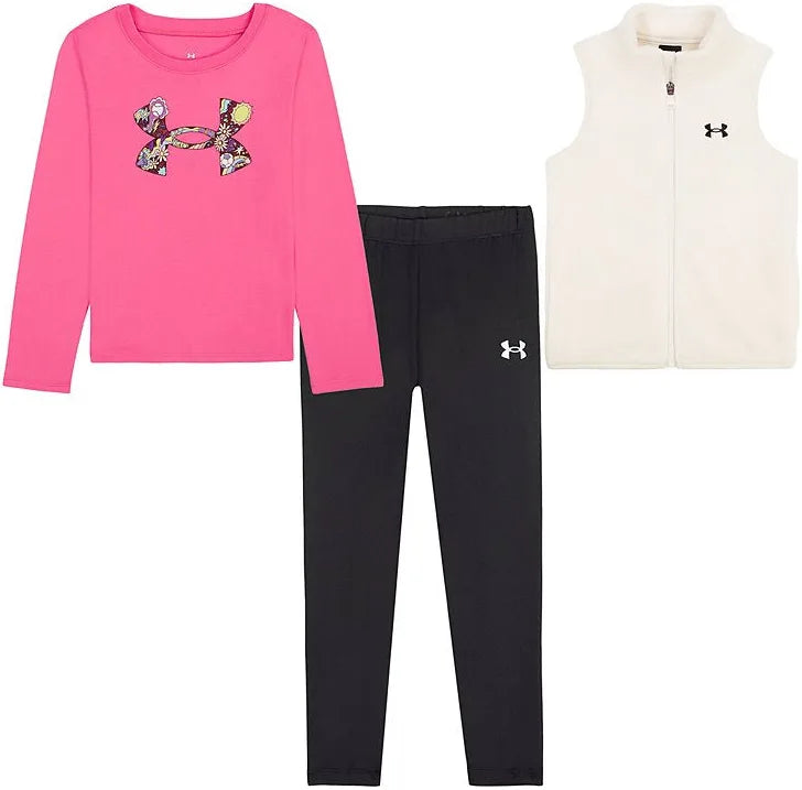 Under Armour Pink Frenzy Top with Black Leggings & Stone Vest Set