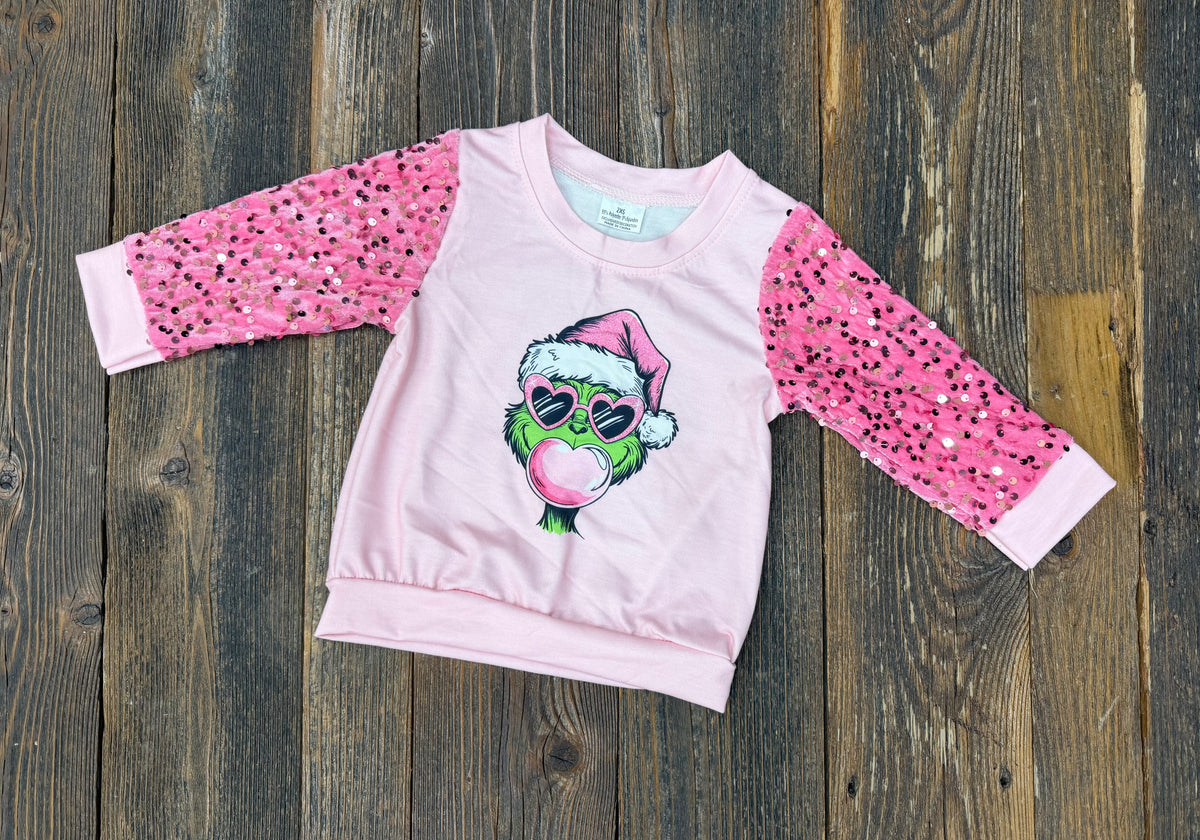 Bubblegum Sequin Grinch Pullover