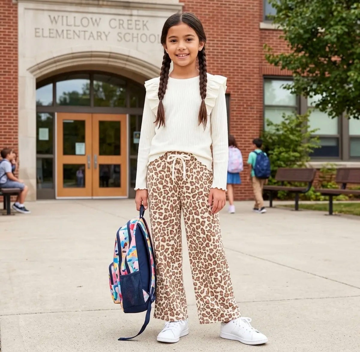 Cream Ribbed Long Sleeve & Leopard Wide Leg Pant Set