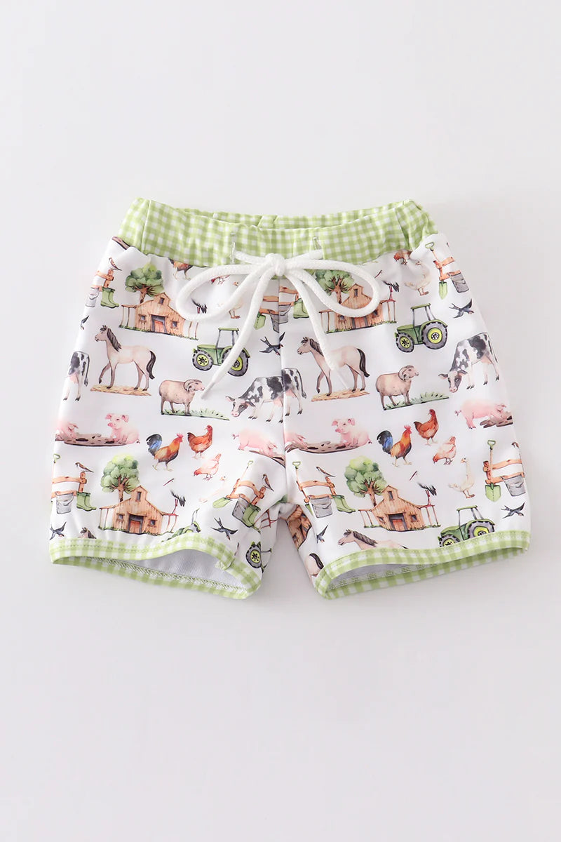 Green Plaid Farm Swim Trunks