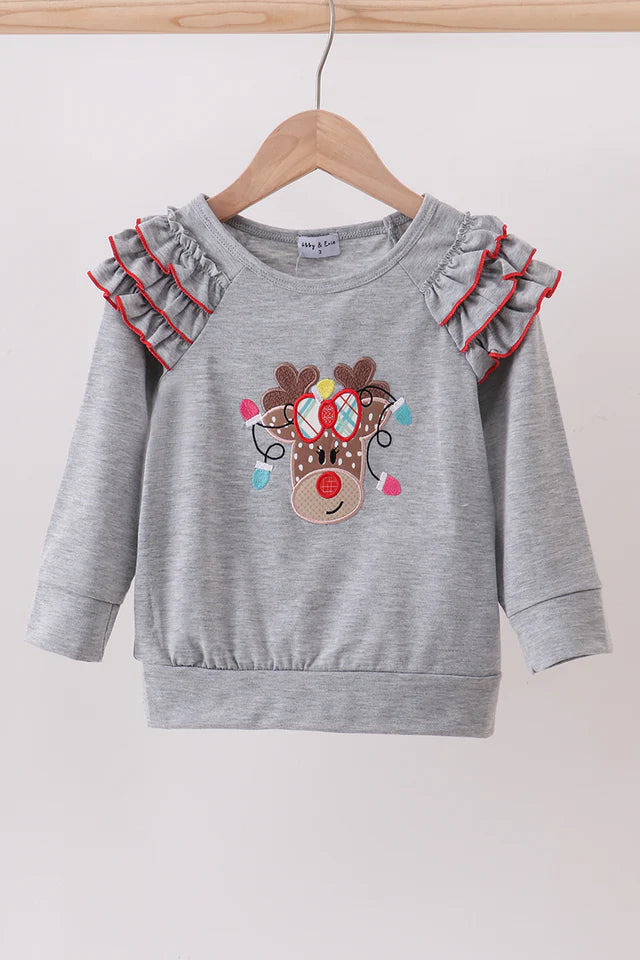 Gray Reindeer Ruffle Top