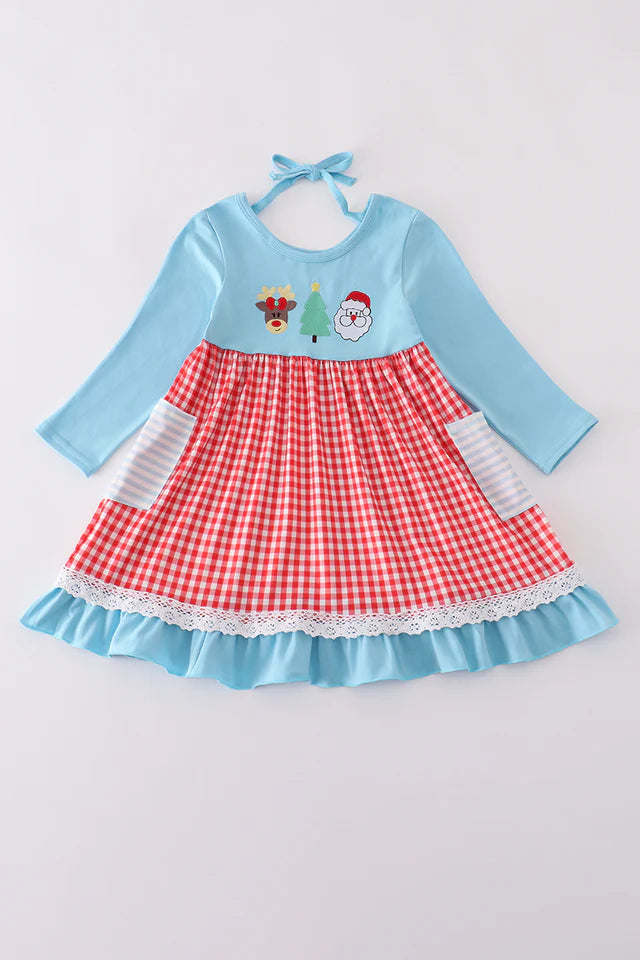 Blue Plaid Christmas Embroidery Dress