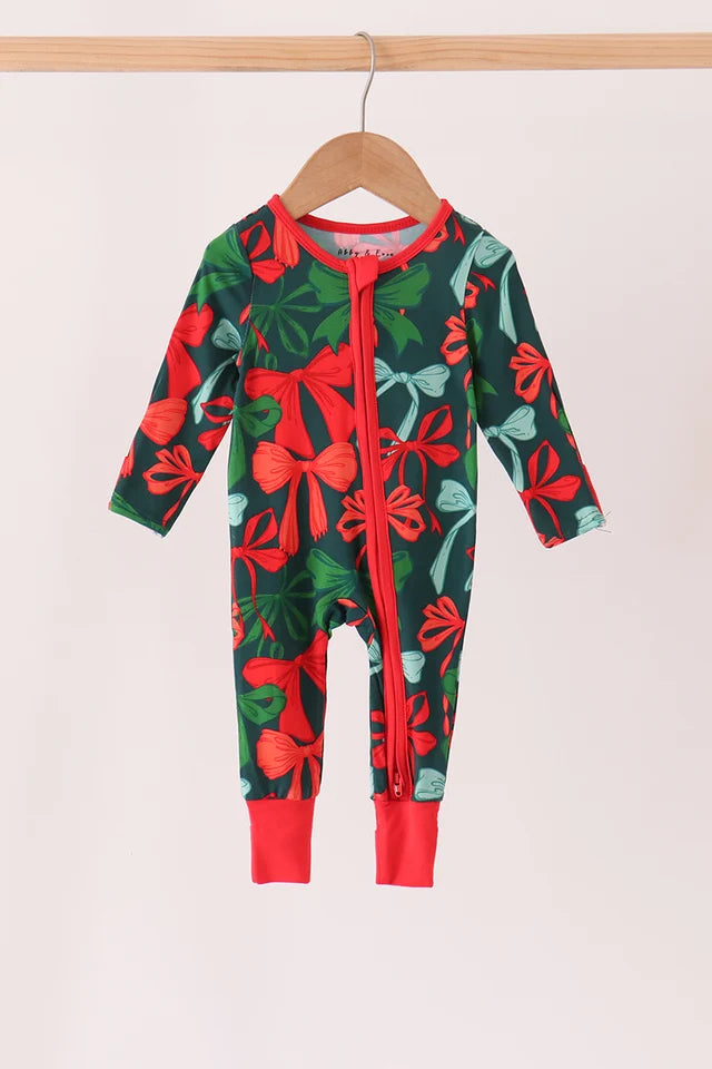 Christmas Bow Bamboo Zip Romper
