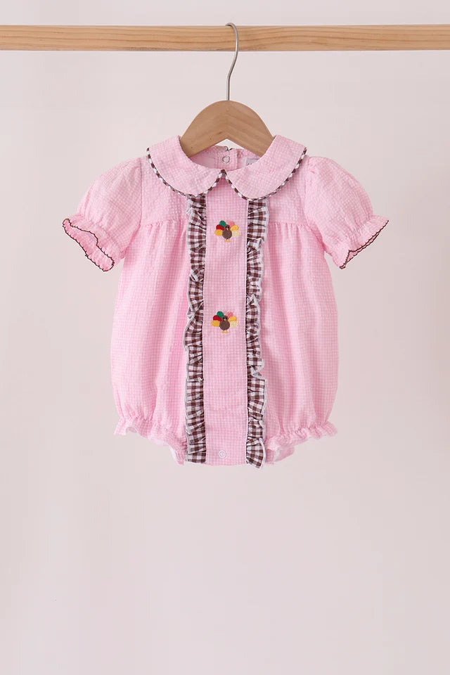 Pink Turkey Embroidery Ruffle Gingham Bubble