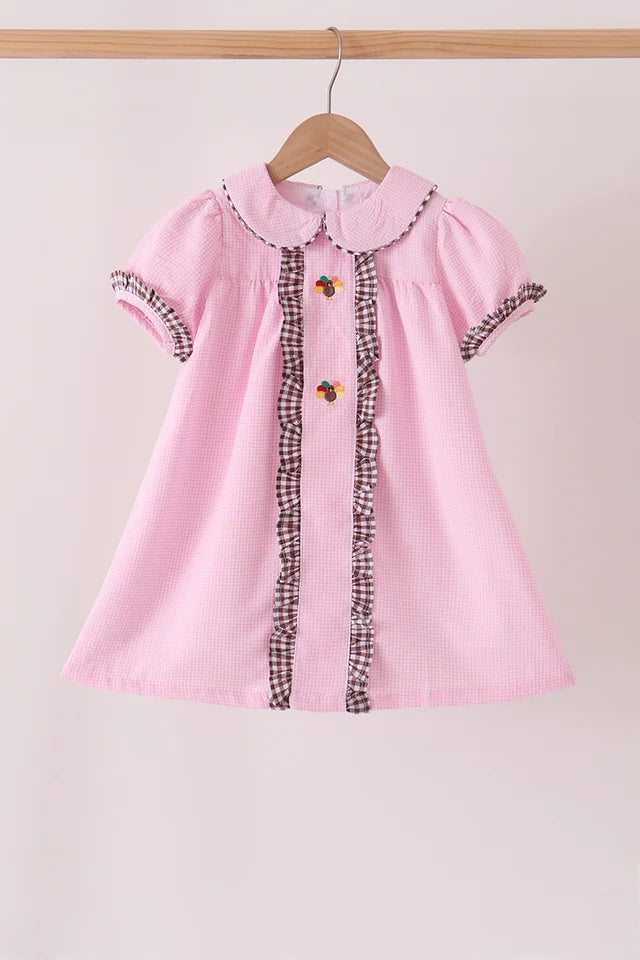 Pink Turkey Embroidery Ruffle Gingham Dress
