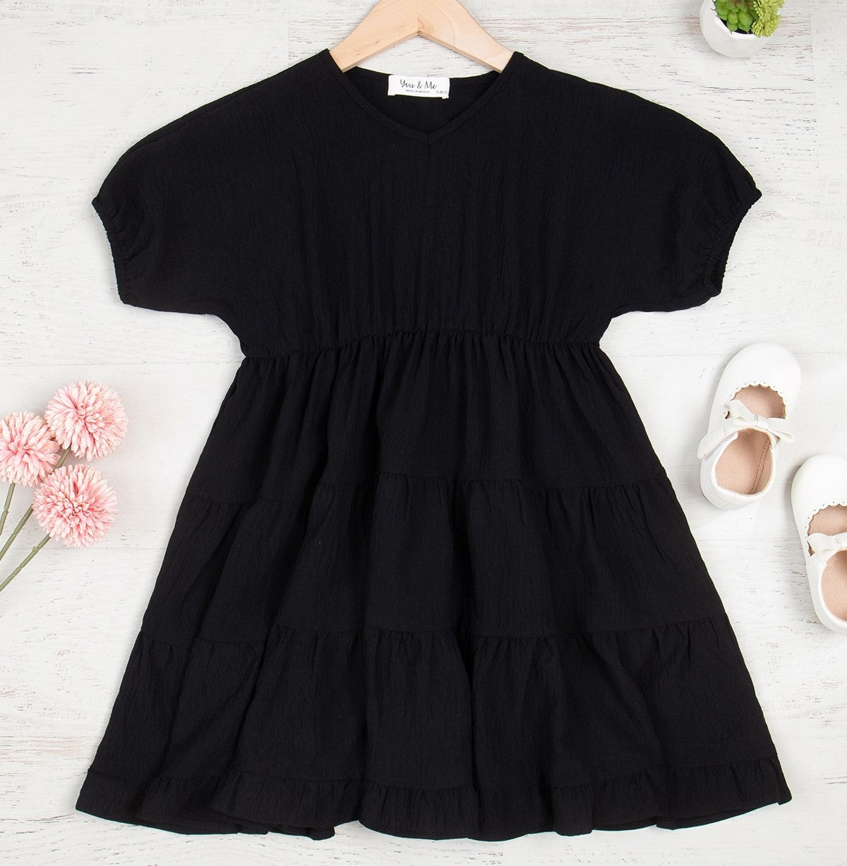 Y&M Black V-Neck Short Sleeve Tiered Dress