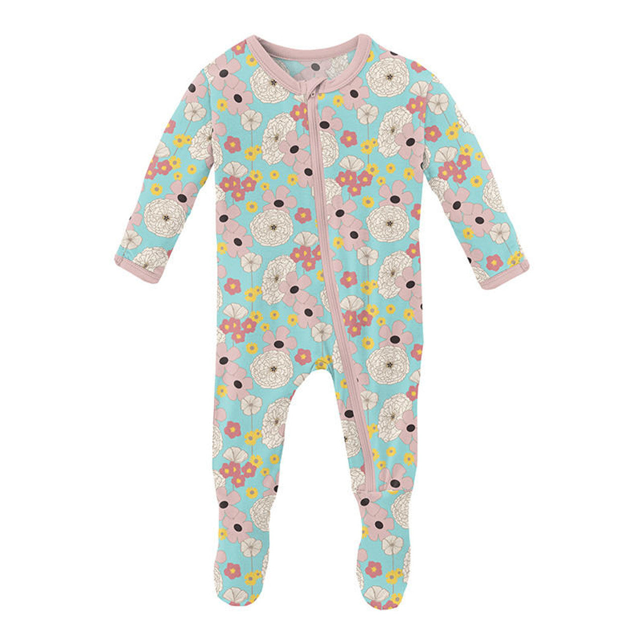 Kickee Pants Summer Sky Flower Power Muffin Ruffle Footie with Zipper