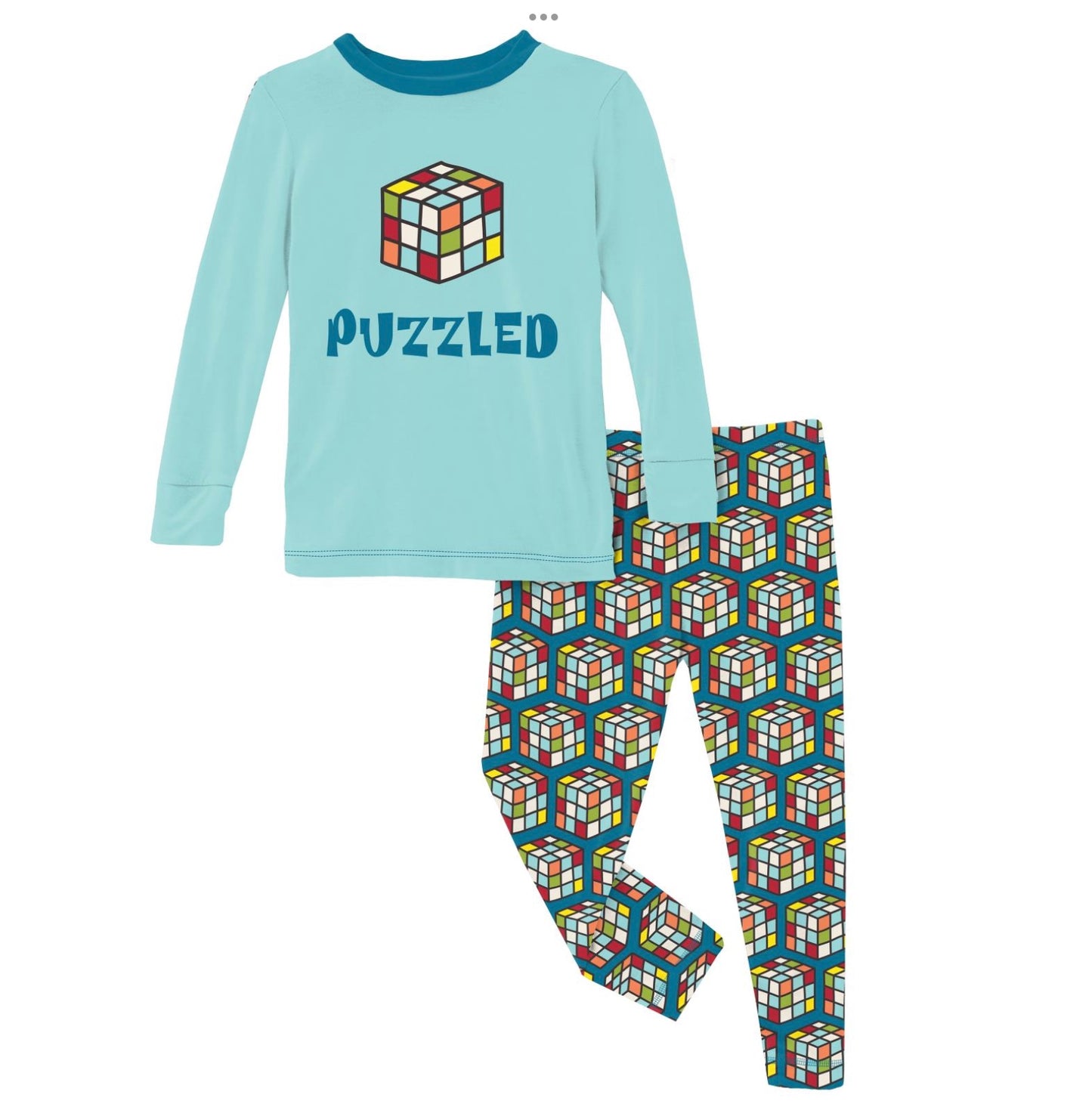 Kickee Pants Cerulean Blue Puzzle Cube Long Sleeve PJ Set