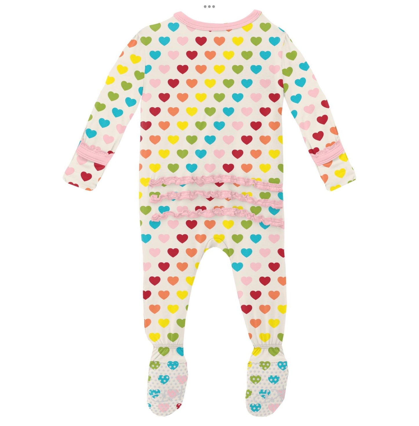 Kickee Pants Rainbow Hearts Muffin Ruffle Footie with 2 Way Zipper