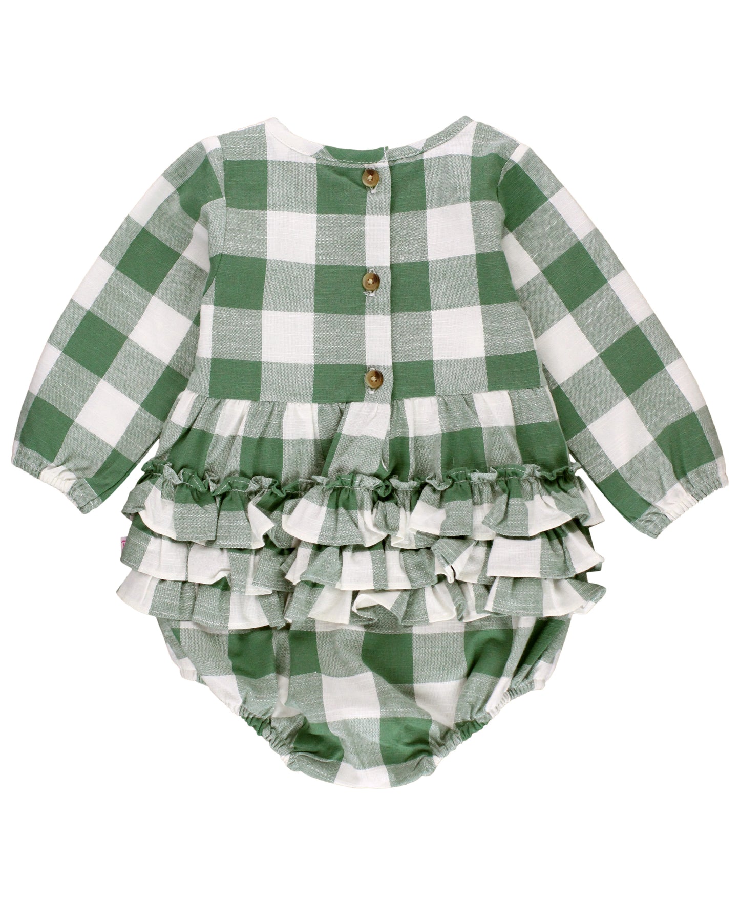 RuffleButts Dark Ivy Plaid Long Sleeve Smocked Bubble Romper