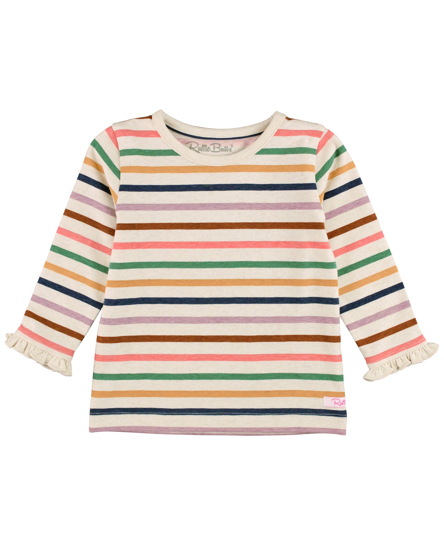 RuffleButts Sunrise Rainbow Stripe Knit Long Sleeve Ruffle Sleeve Top
