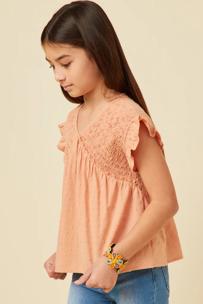 Hayden Salmon Swiss Dot Smocked Bodice Ruffle Top GY5669 *