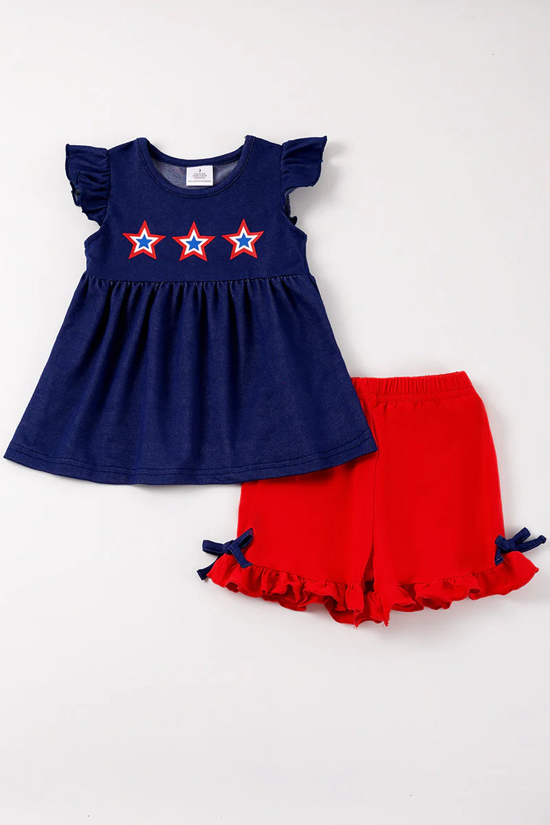 Navy Star Ruffle Short Set
