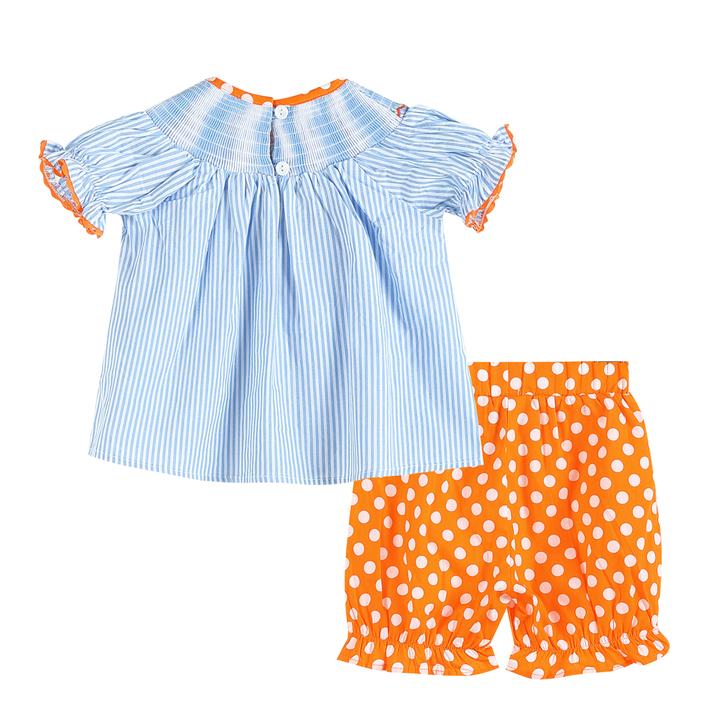 LC Blue Stripe Turkey Smocked Top & Orange Bloomers